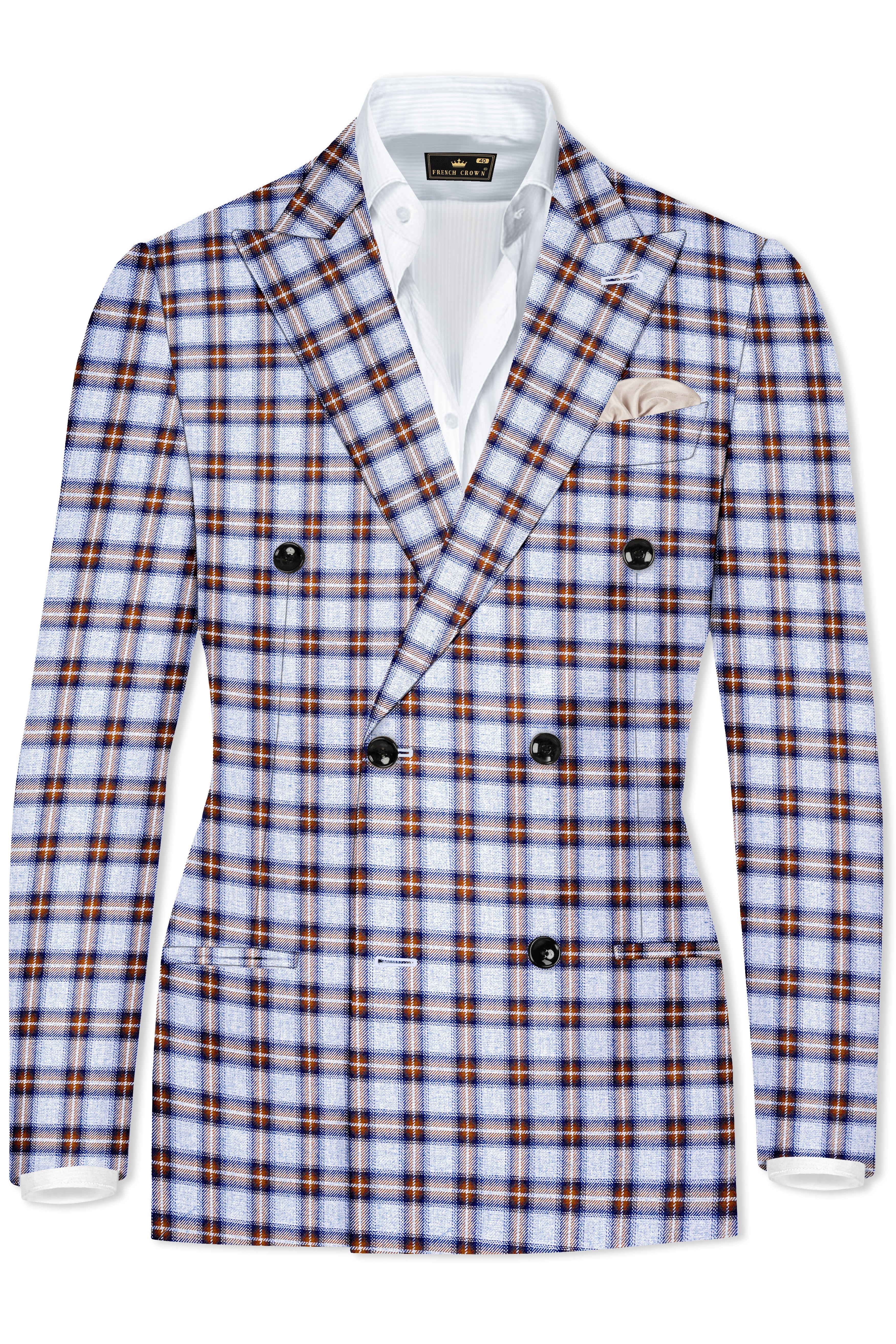 Castaire-Chateau Blue with Cocoa Brown Plaid Wool Rich Double Breasted Blazer