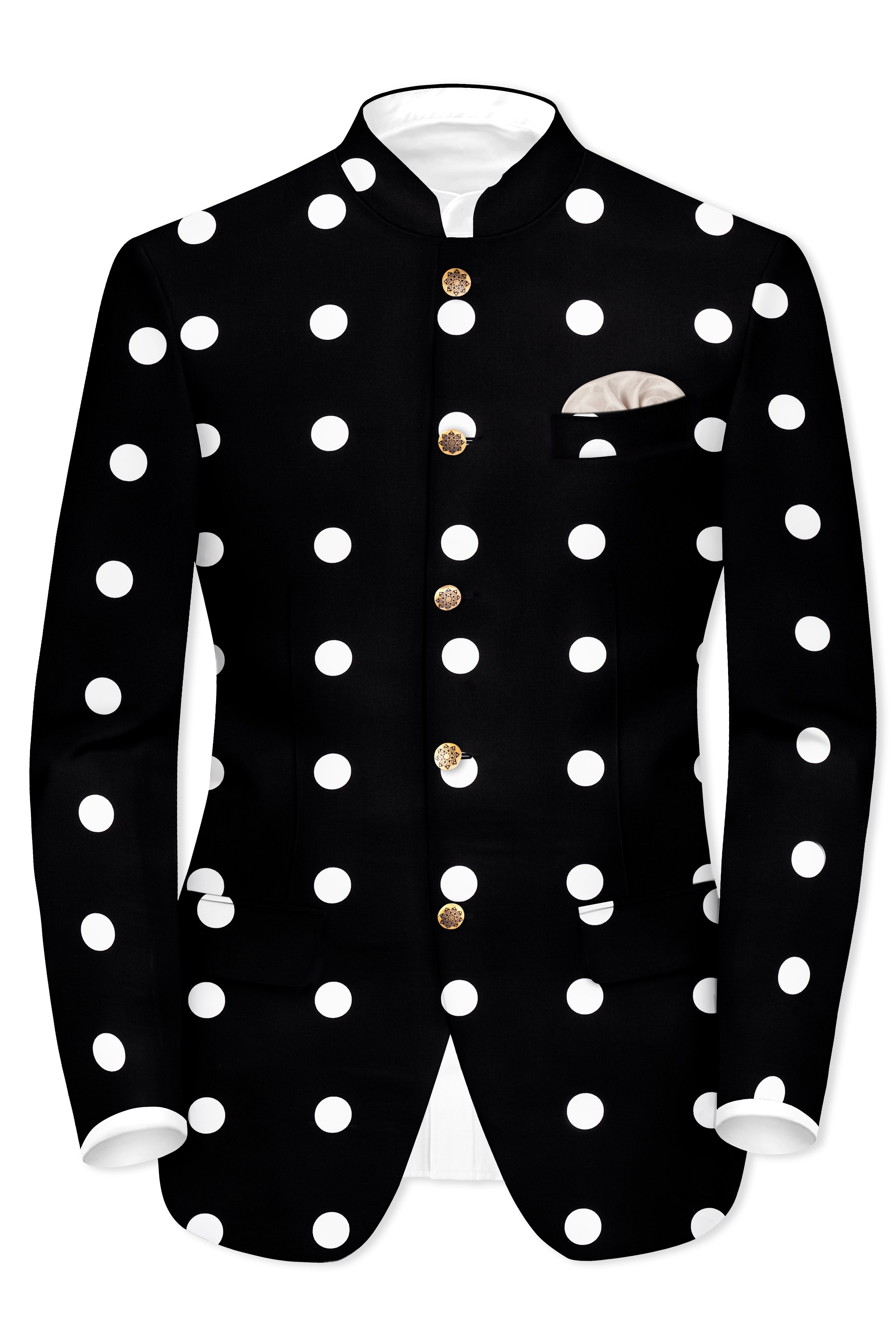 Noirdot-Jade Black and Bright White Polka Dotted Premium Cotton Bandhgala Blazer