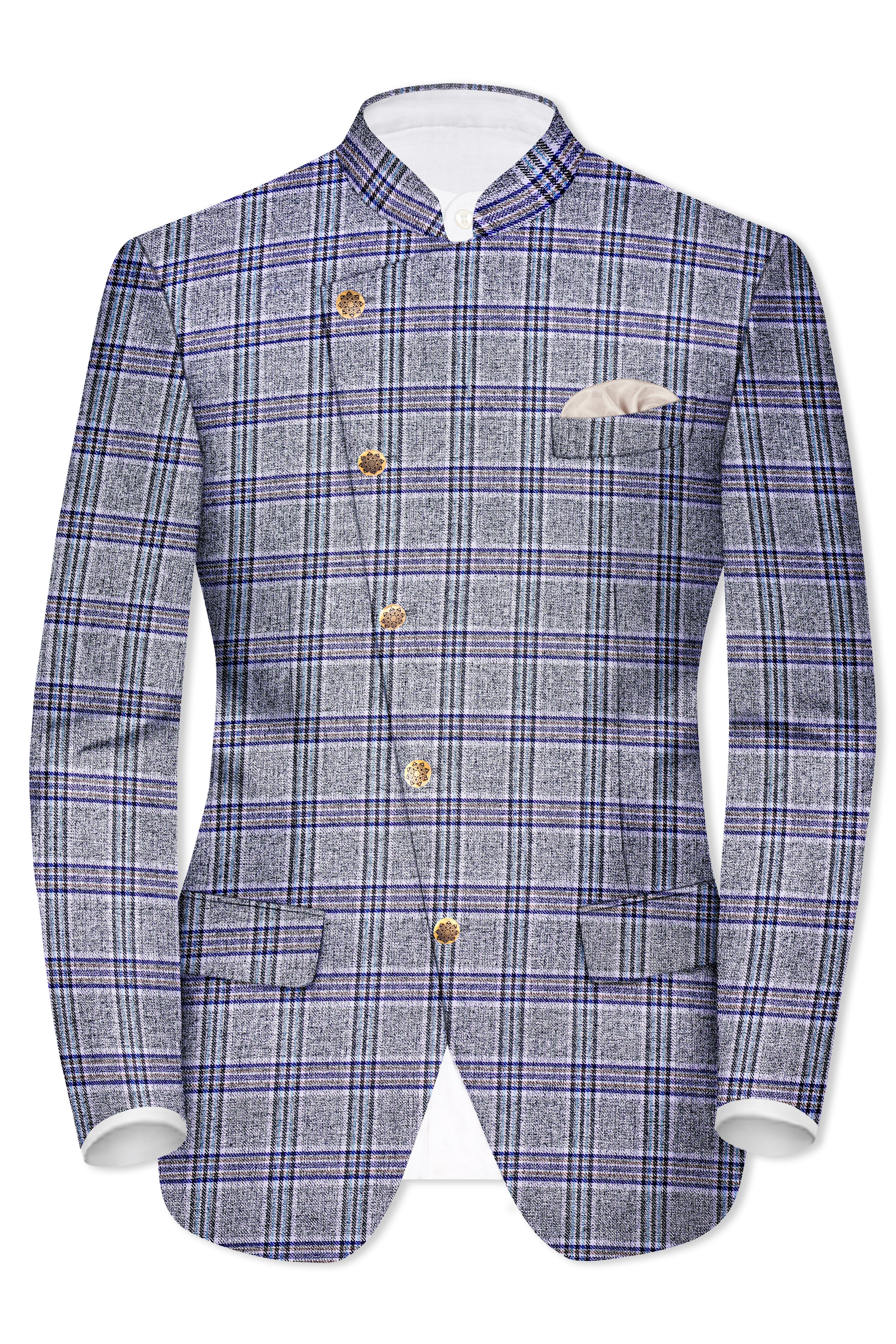 Pladiel-StarDust Gray with Martinique Blue Plaid Wool Rich Cross Placket Bandhgala Blazer