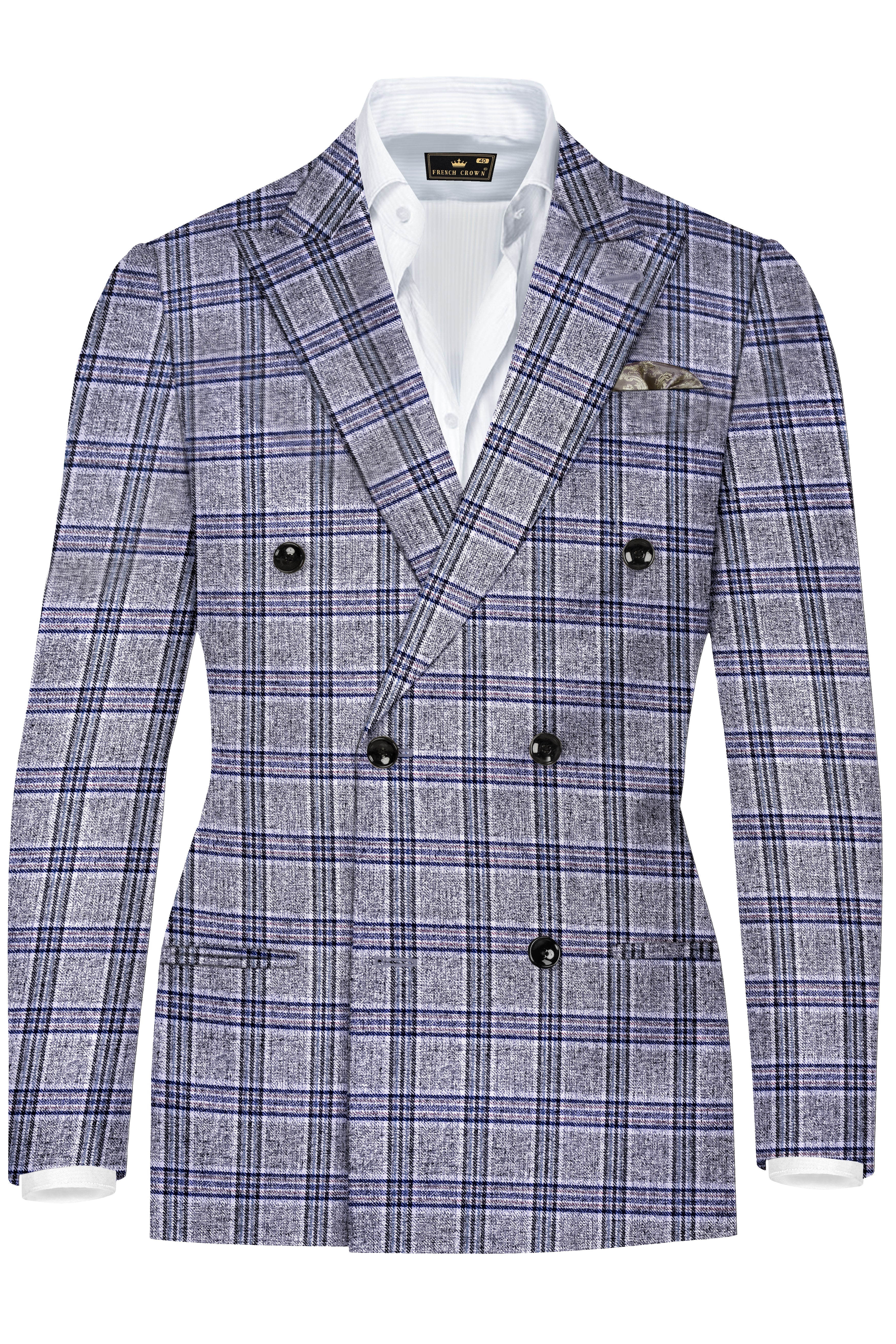 Pladiel-StarDust Gray with Martinique Blue Plaid Wool Rich Double Breasted Blazer