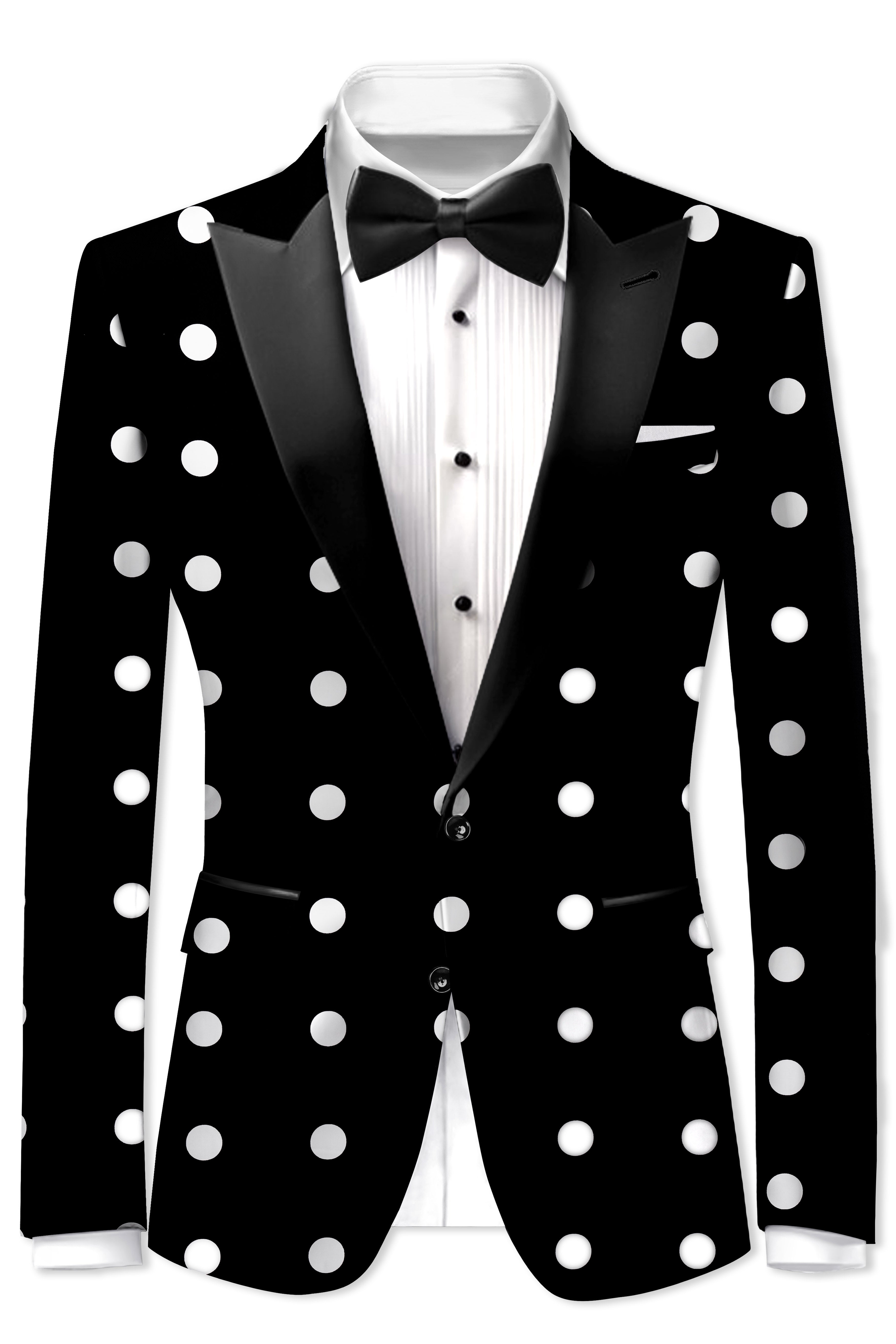 Noirdot-Jade Black and Bright White Polka Dotted Printed Premium Cotton Peak Lapel Tuxedo Blazer
