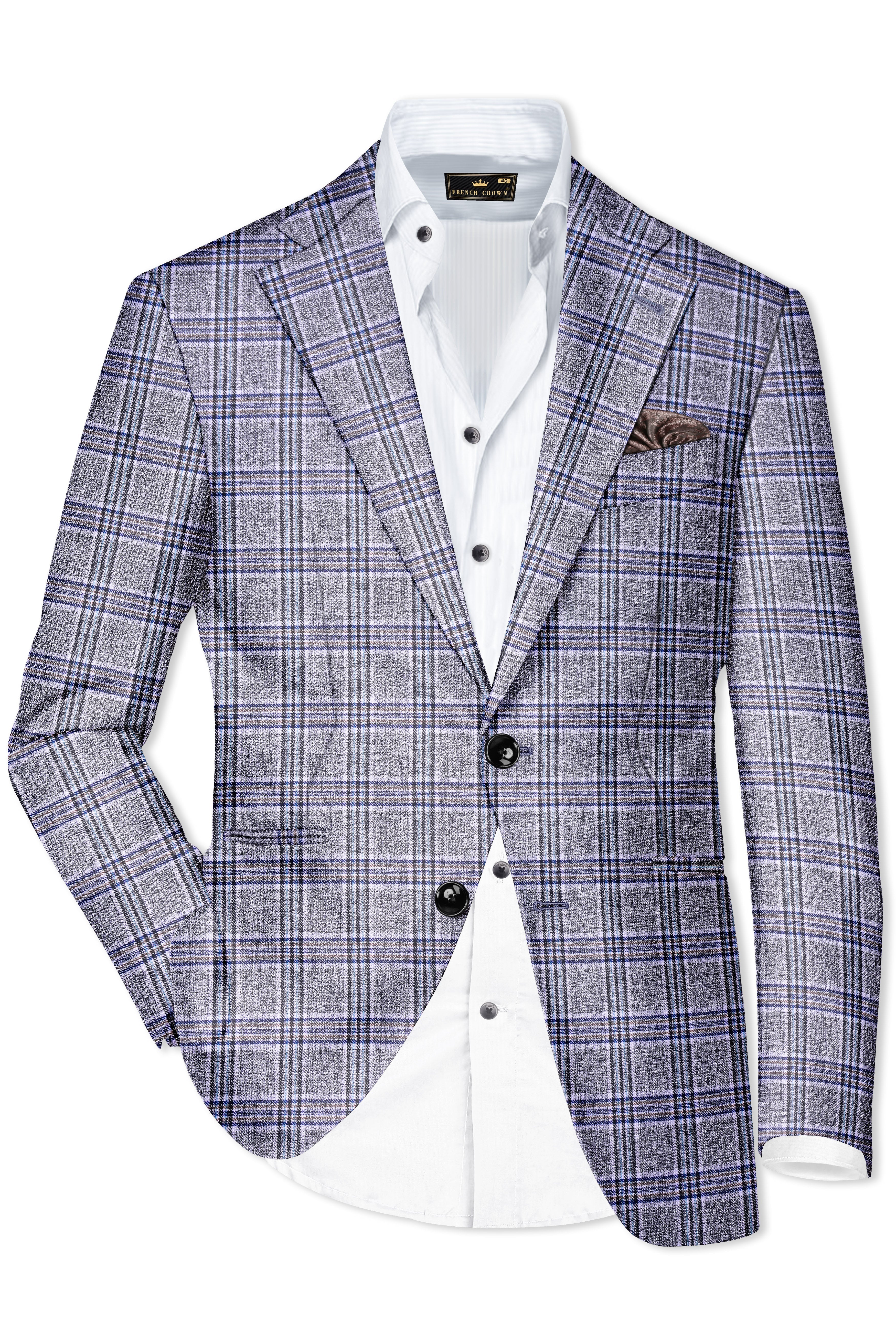 Pladiel-StarDust Gray with Martinique Blue Plaid Wool Rich Single Breasted Blazer