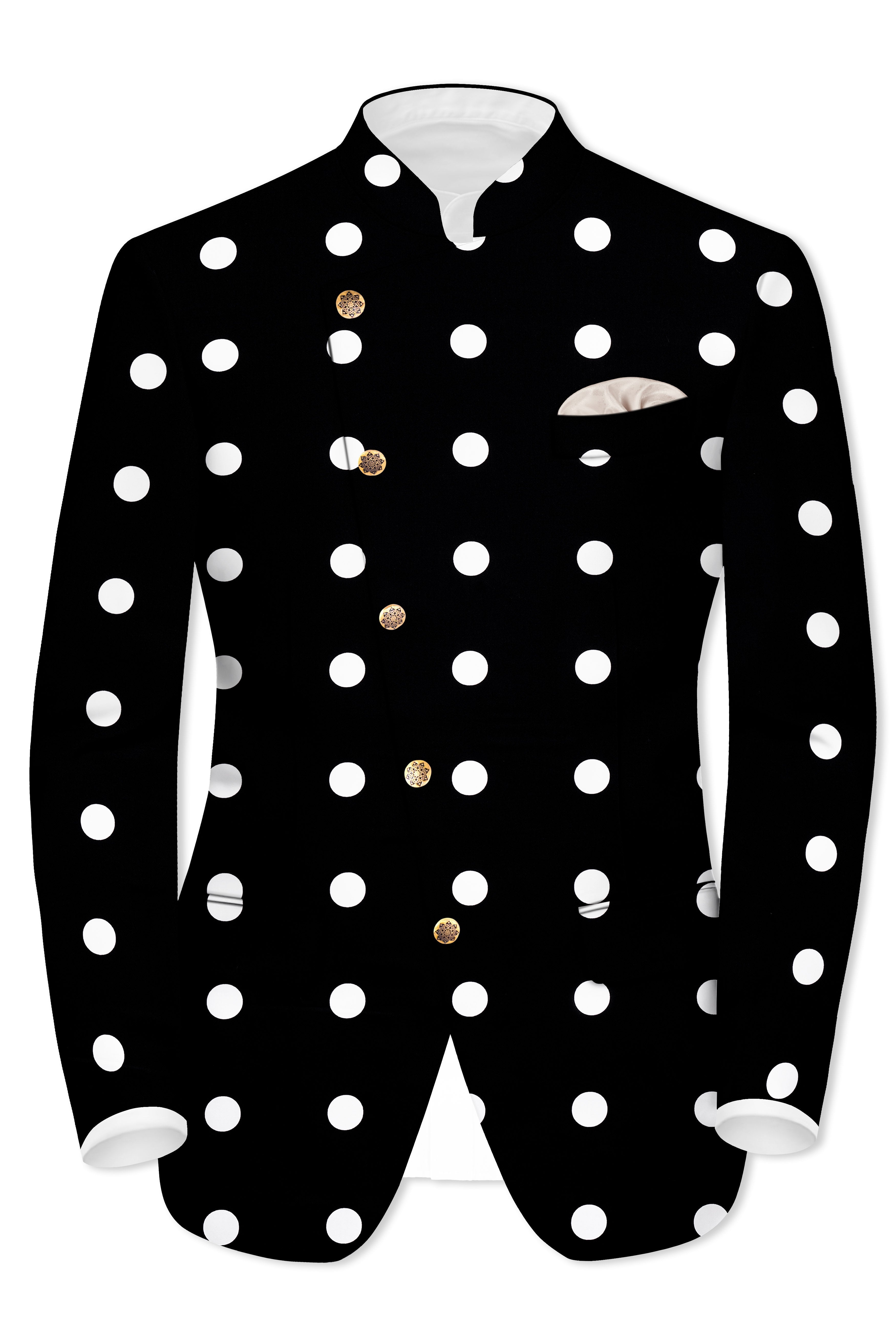 Noirdot-Jade Black and Bright White Polka Dotted Premium Cotton Cross Placket Bandhgala Blazer