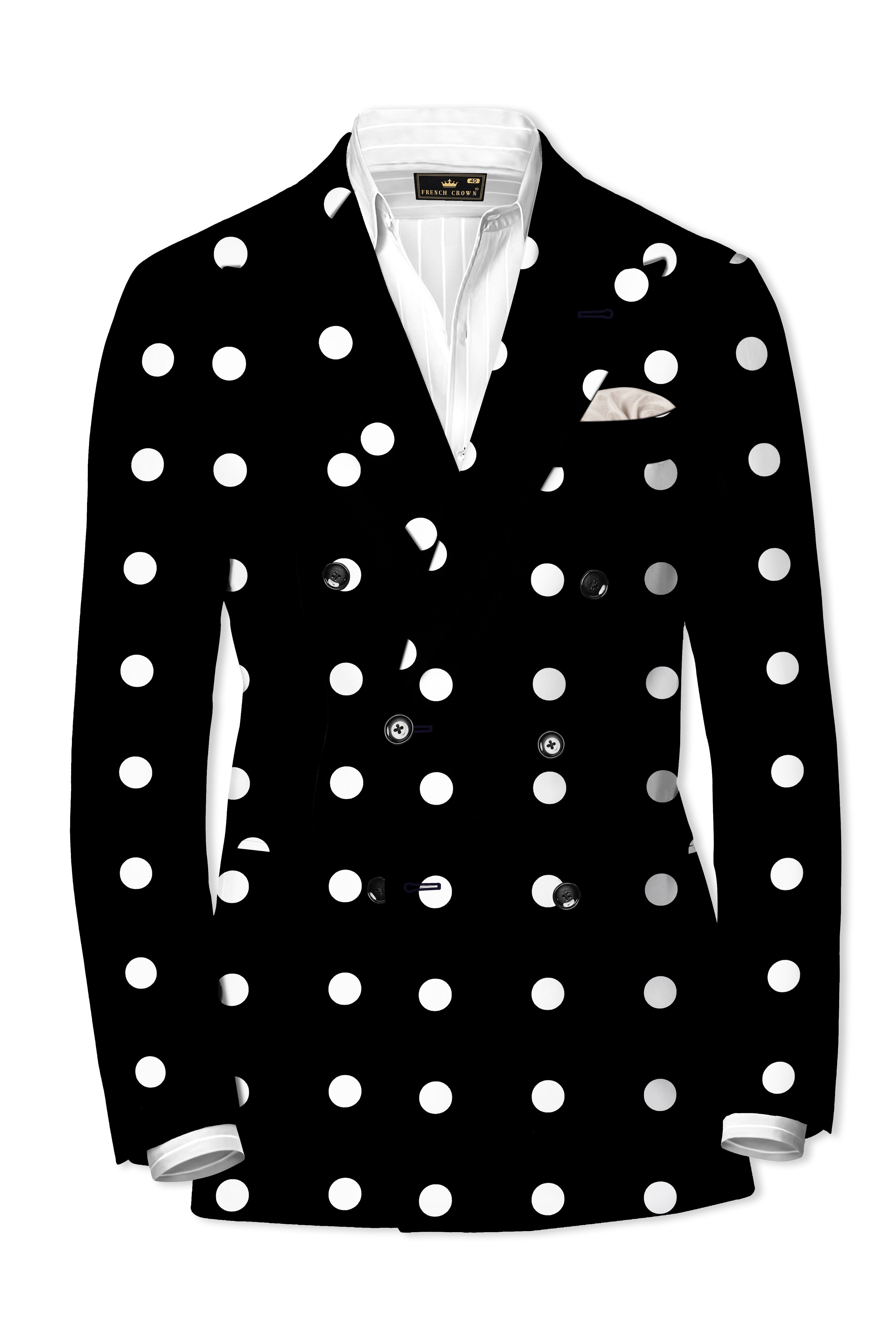 Noirdot-Jade Black and Bright White Polka Dotted Printed Premium Cotton Double Breasted Blazer