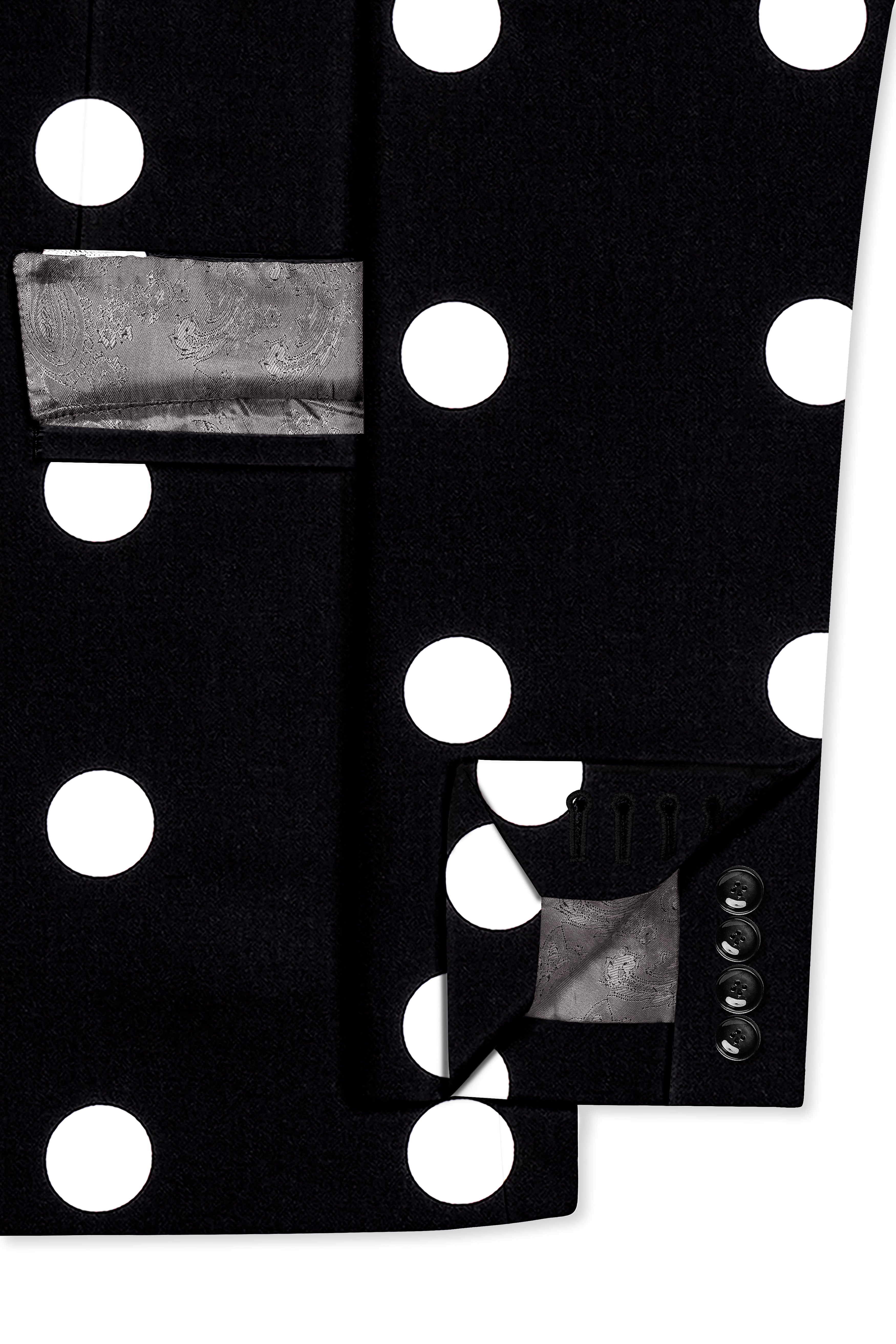 Noirdot-Jade Black and Bright White Polka Dotted Printed Premium Cotton Double Breasted Blazer