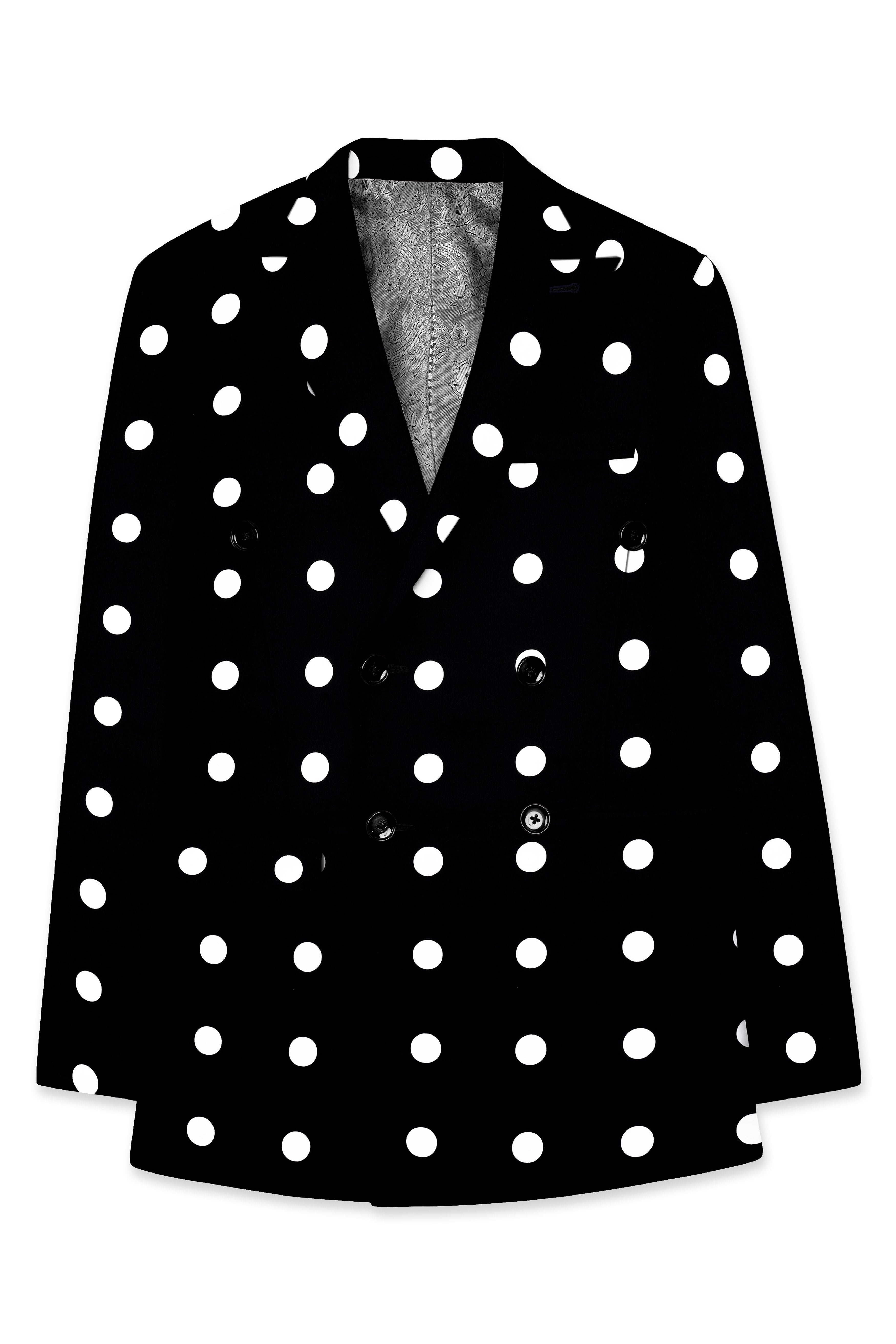 Noirdot-Jade Black and Bright White Polka Dotted Printed Premium Cotton Double Breasted Blazer