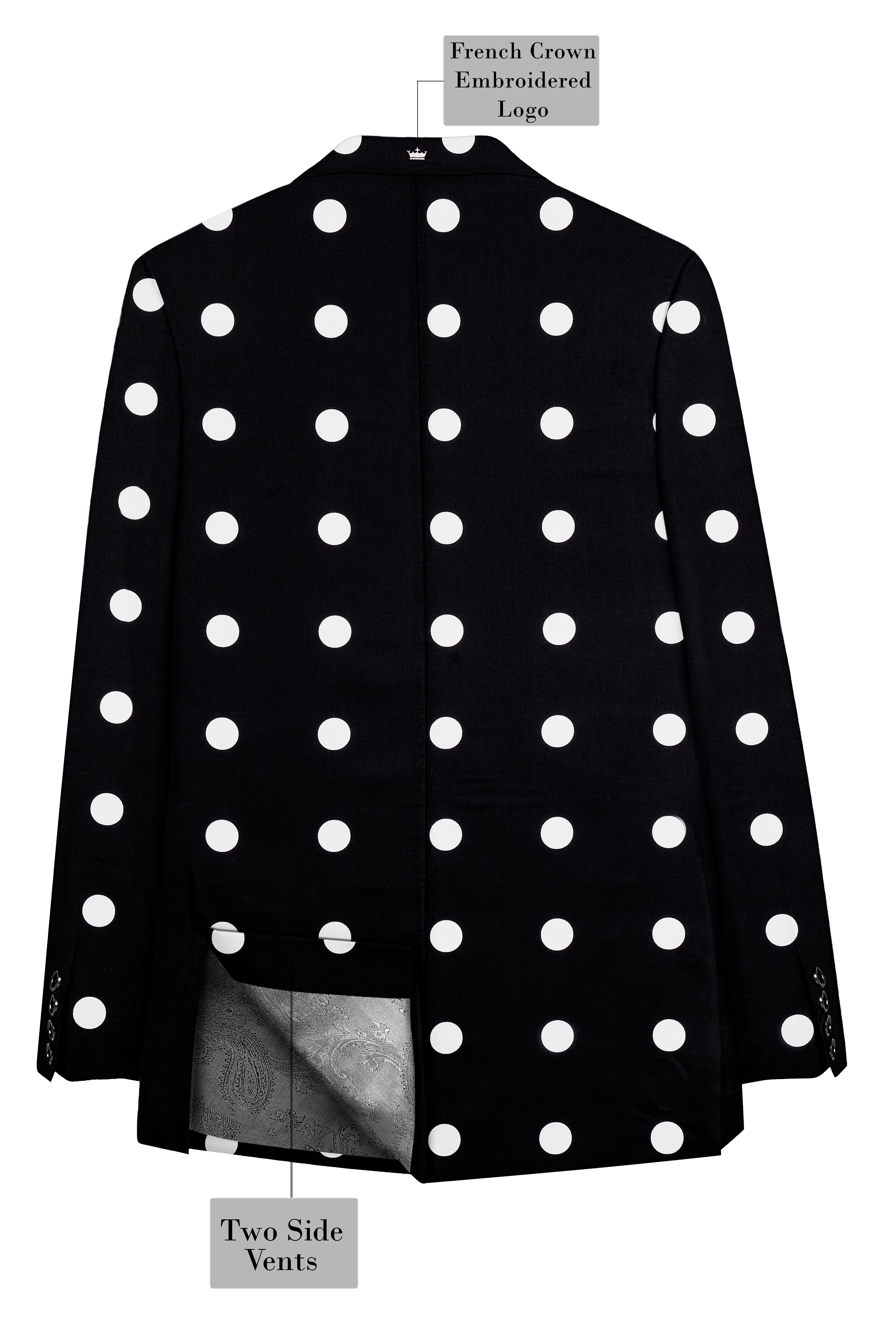 Noirdot-Jade Black and Bright White Polka Dotted Printed Premium Cotton Double Breasted Blazer