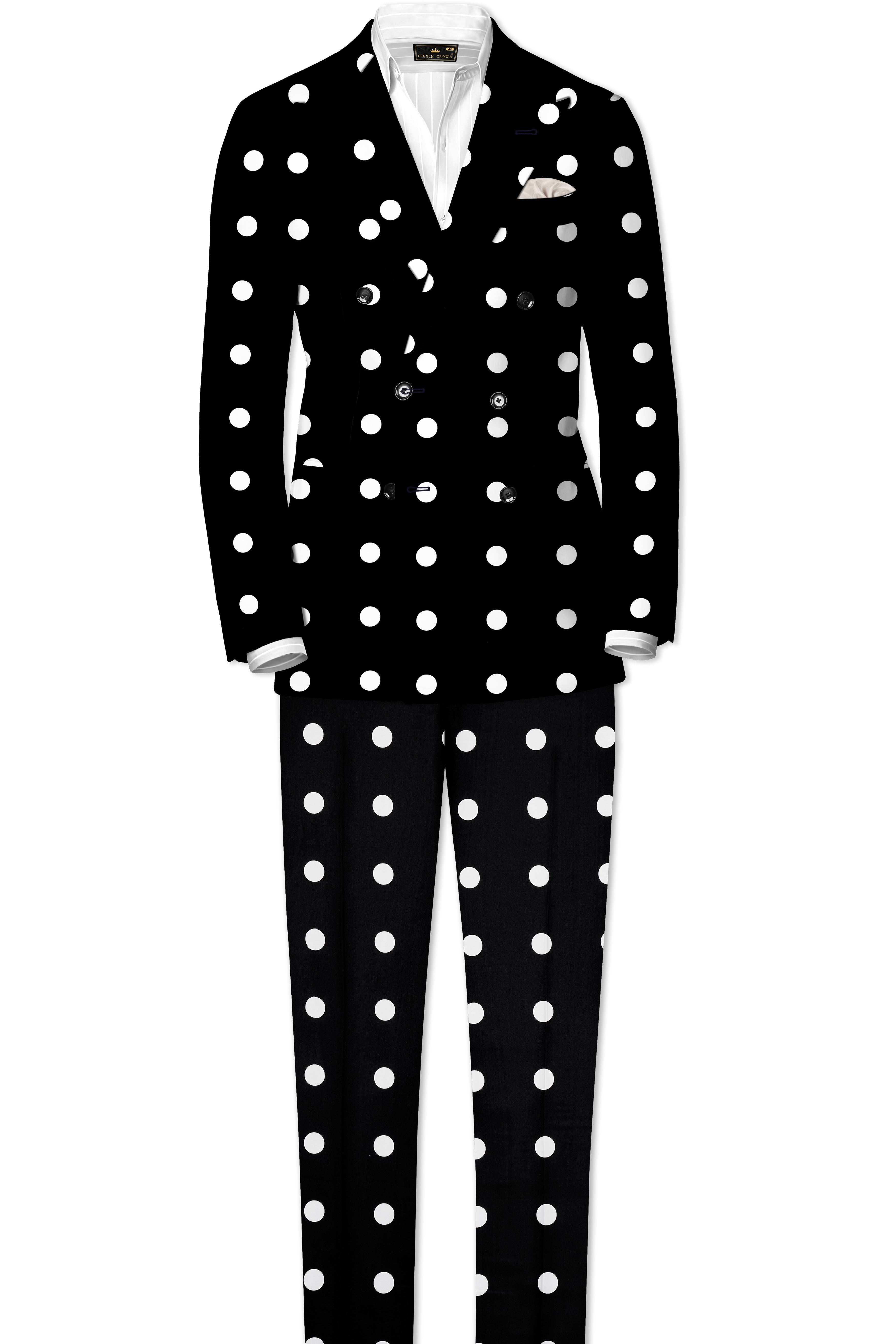 Noirdot-Jade Black and Bright White Polka Dotted Printed Premium Cotton Double Breasted Blazer