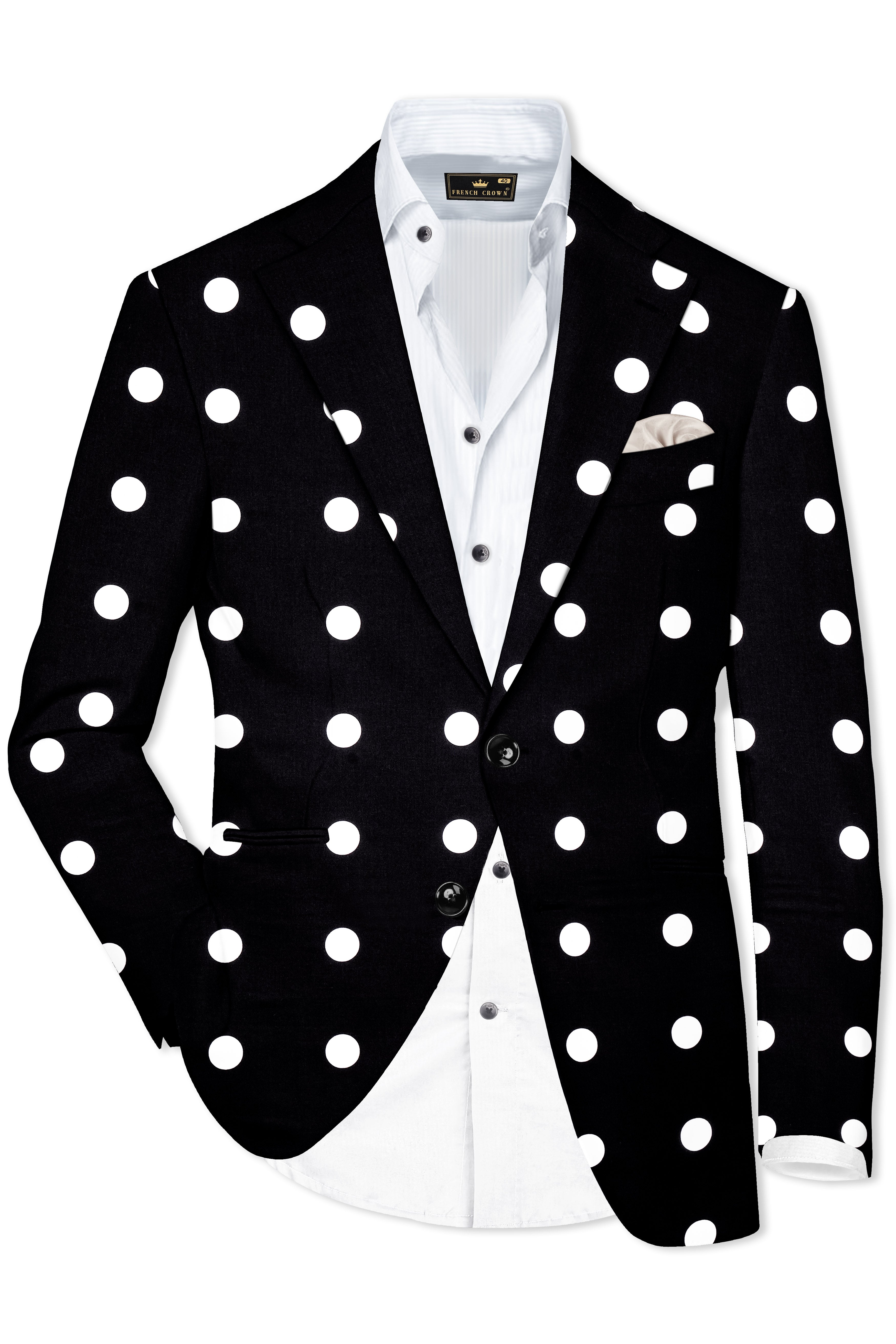 Noirdot-Jade Black and Bright White Polka Dotted Printed Premium Cotton Single Breasted Blazer