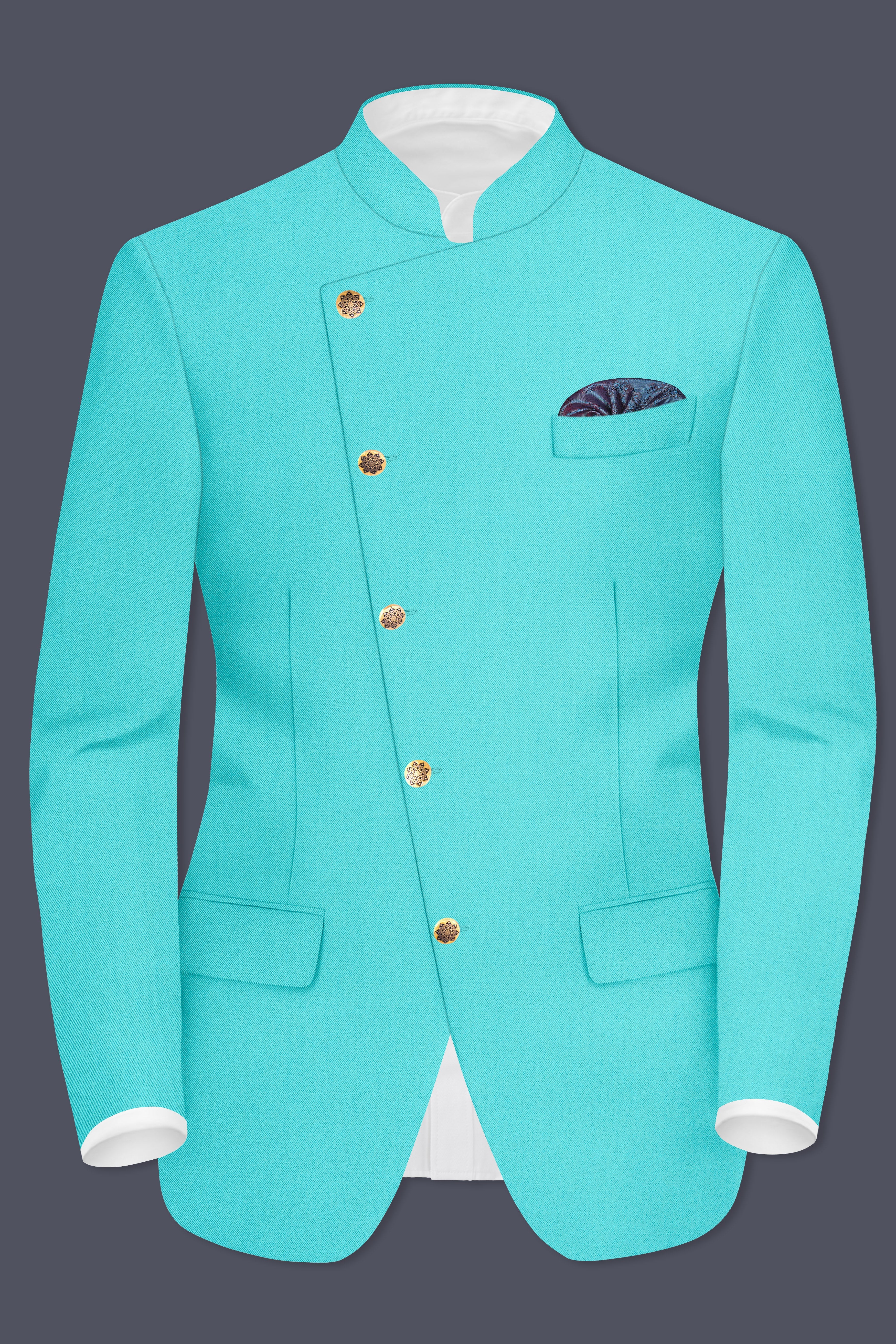 Aegir-Viking Blue Wool Rich Cross Placket Bandhgala Stretchable Traveler Blazer