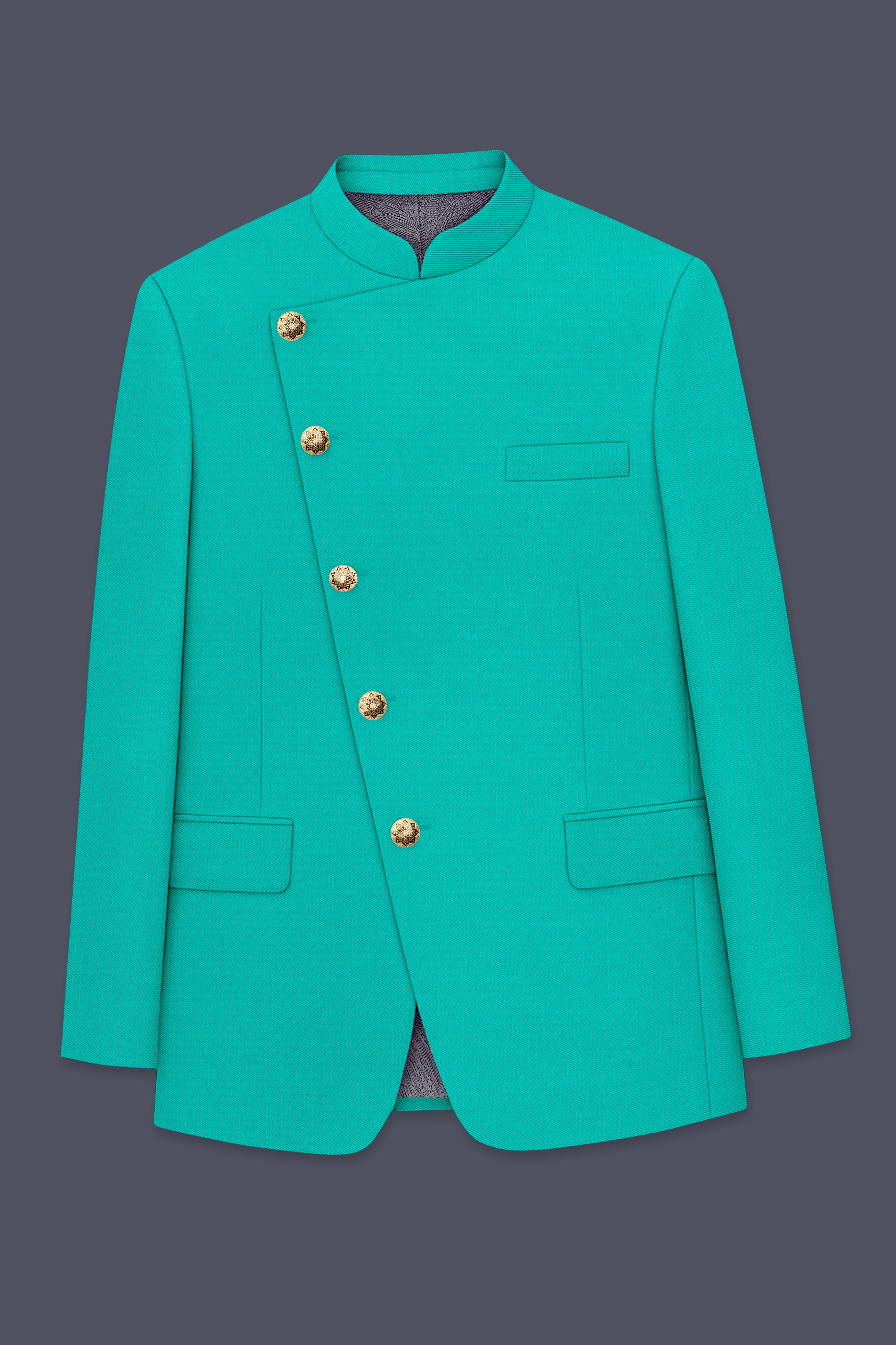 Aegir-Viking Blue Wool Rich Cross Placket Bandhgala Slight Stretch Blazer