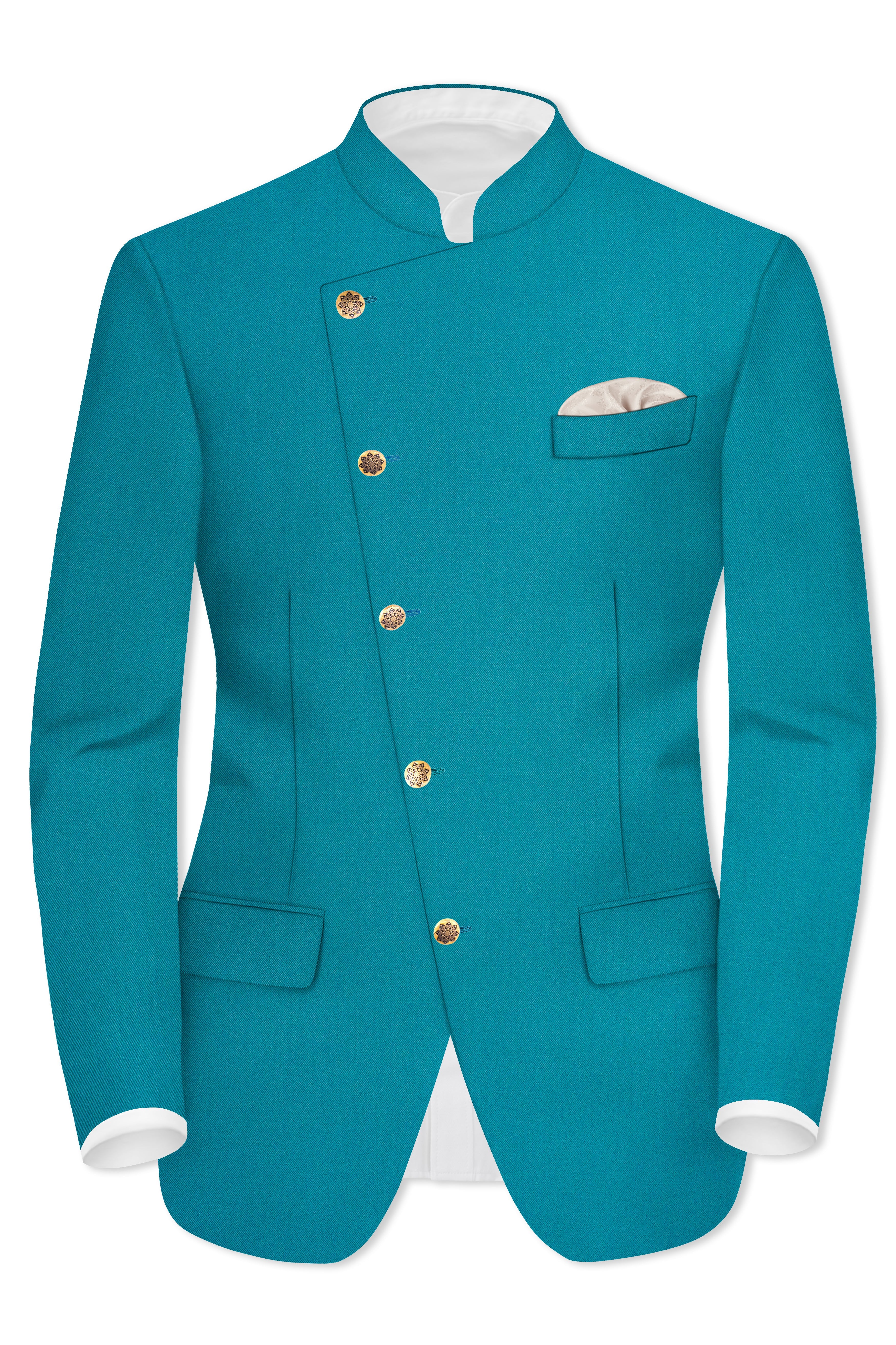 Zephir-Surfie Green Wool Rich Cross Placket Bandhgala Stretchable Traveler Blazer
