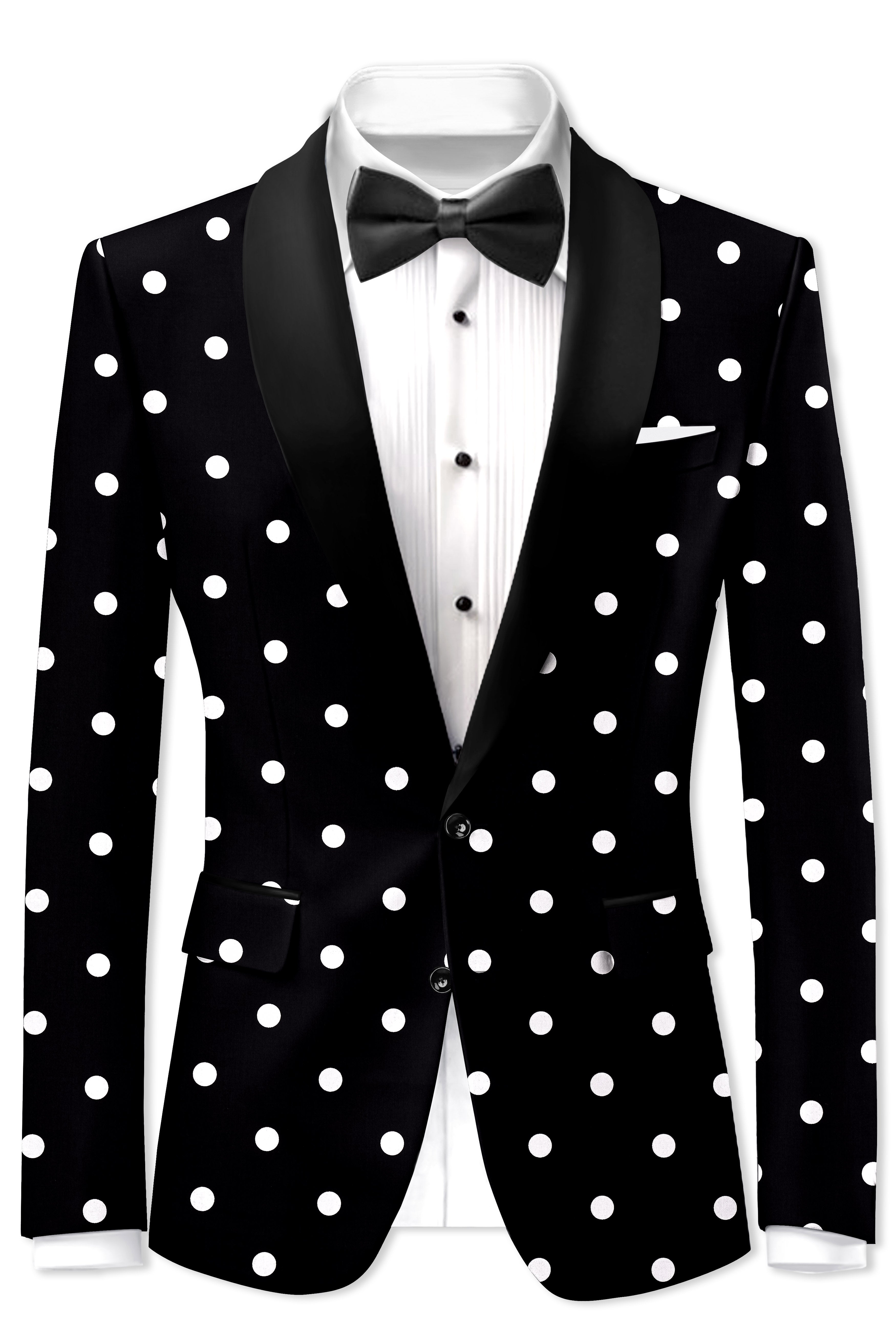 Noirdot-Jade Black Polka Dotted Printed Premium Cotton Tuxedo Blazer