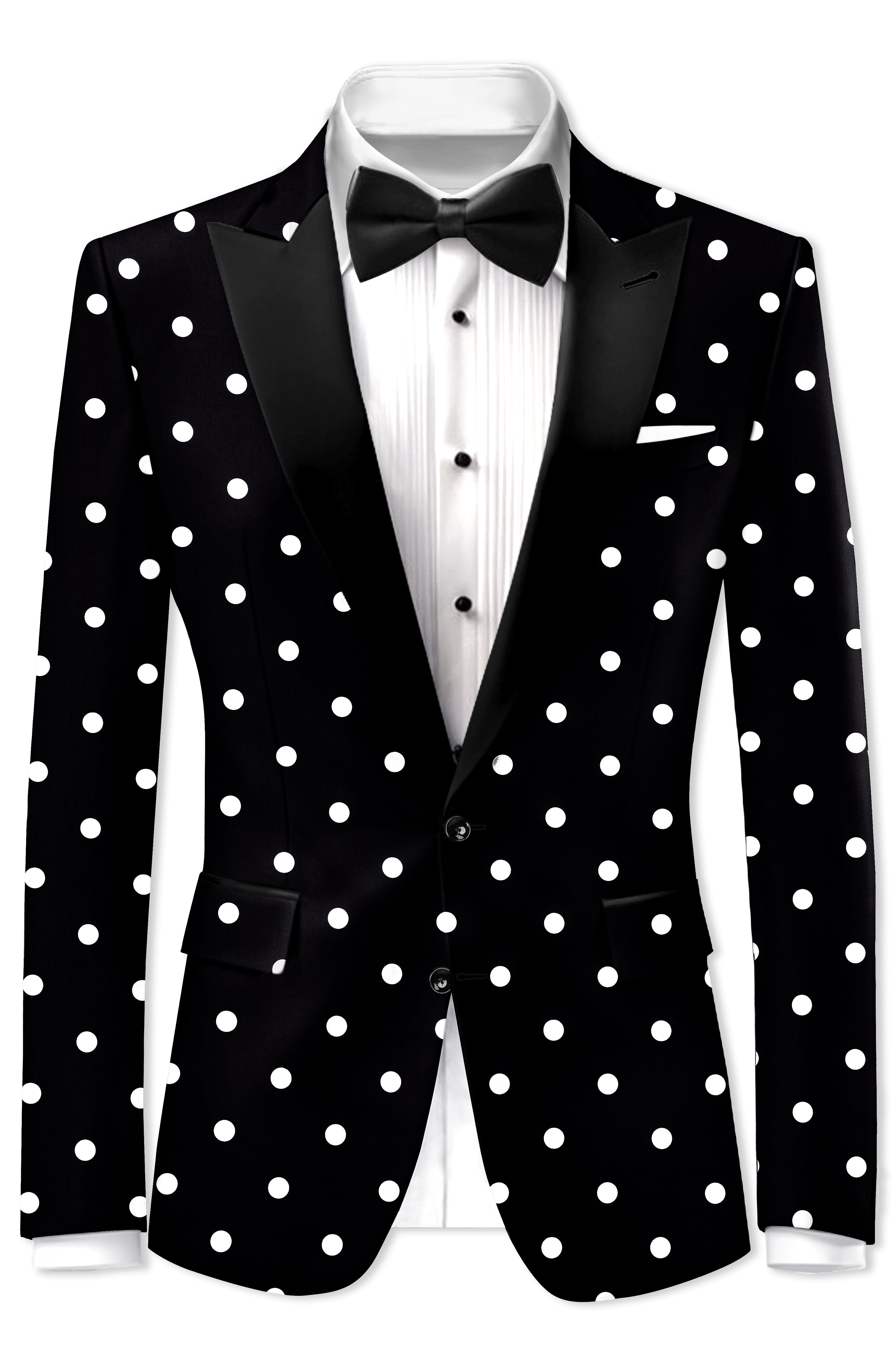 Noirdot-Jade Black Polka Dotted Printed Premium Cotton Peak Lapel Tuxedo Blazer