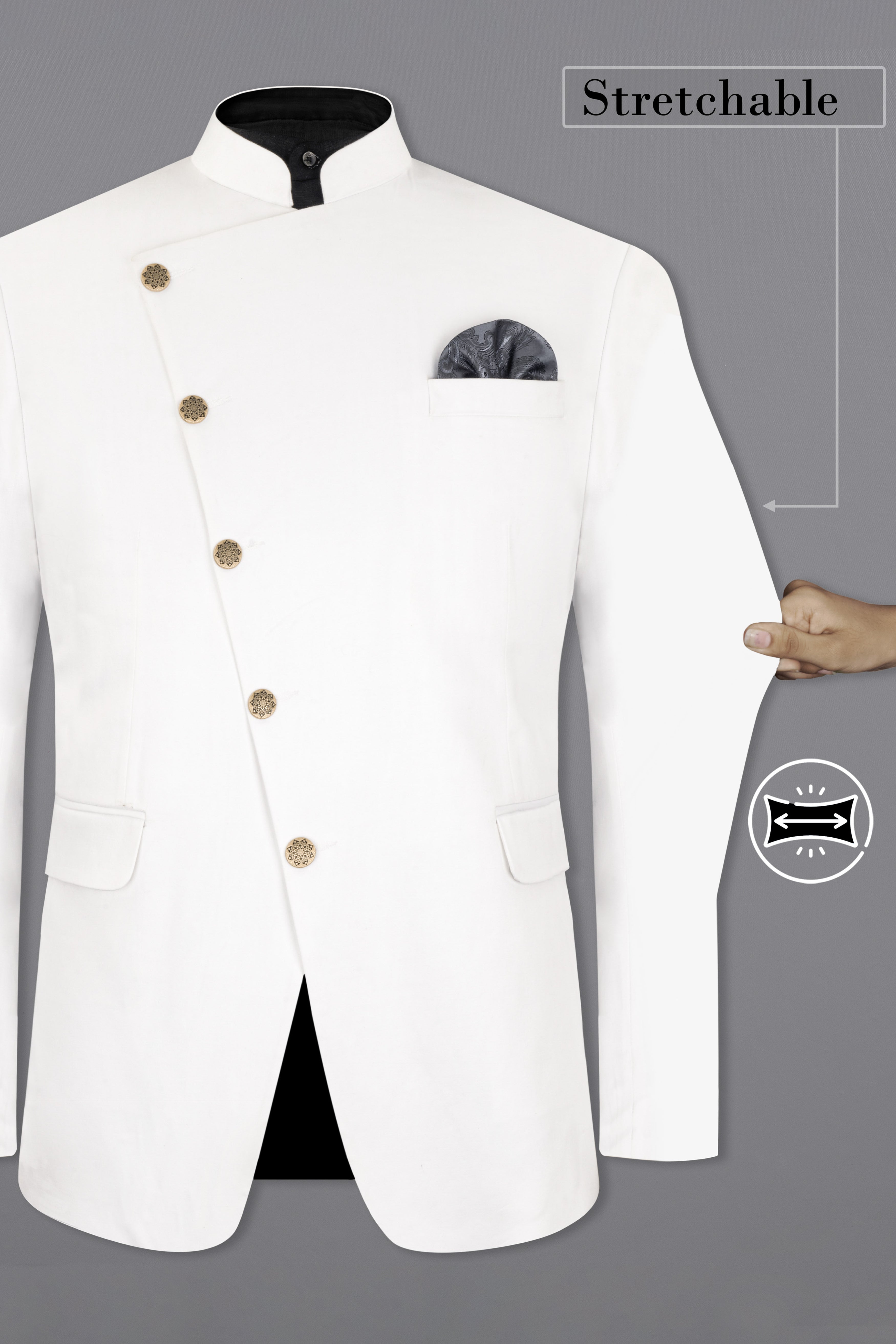 Bright White Cross Placket Stretchable Premium Cotton Bandhgala traveler Blazer