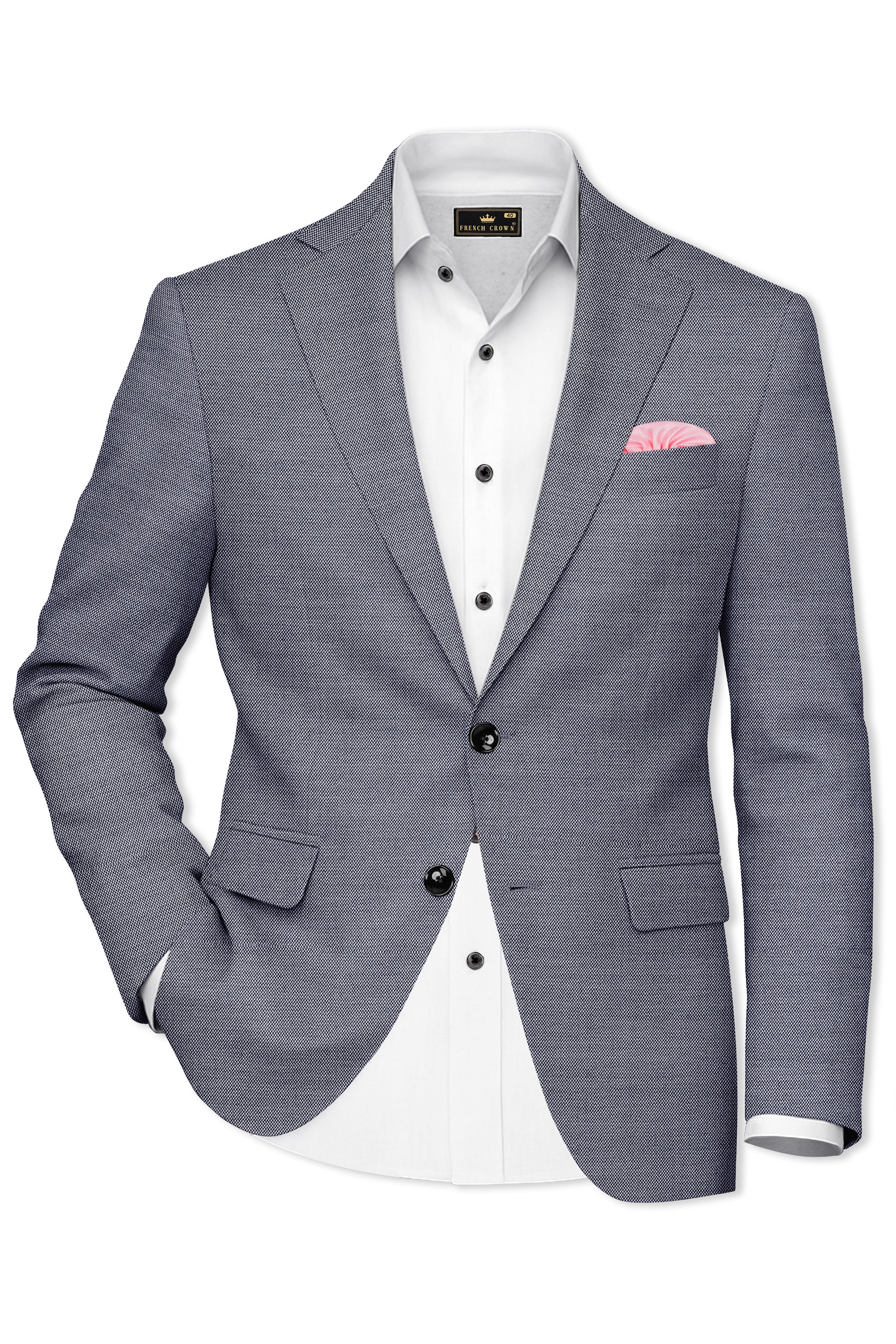 Herrivell-Martinique Blue Herringbone Textured Wool Rich Single Breasted Blazer
