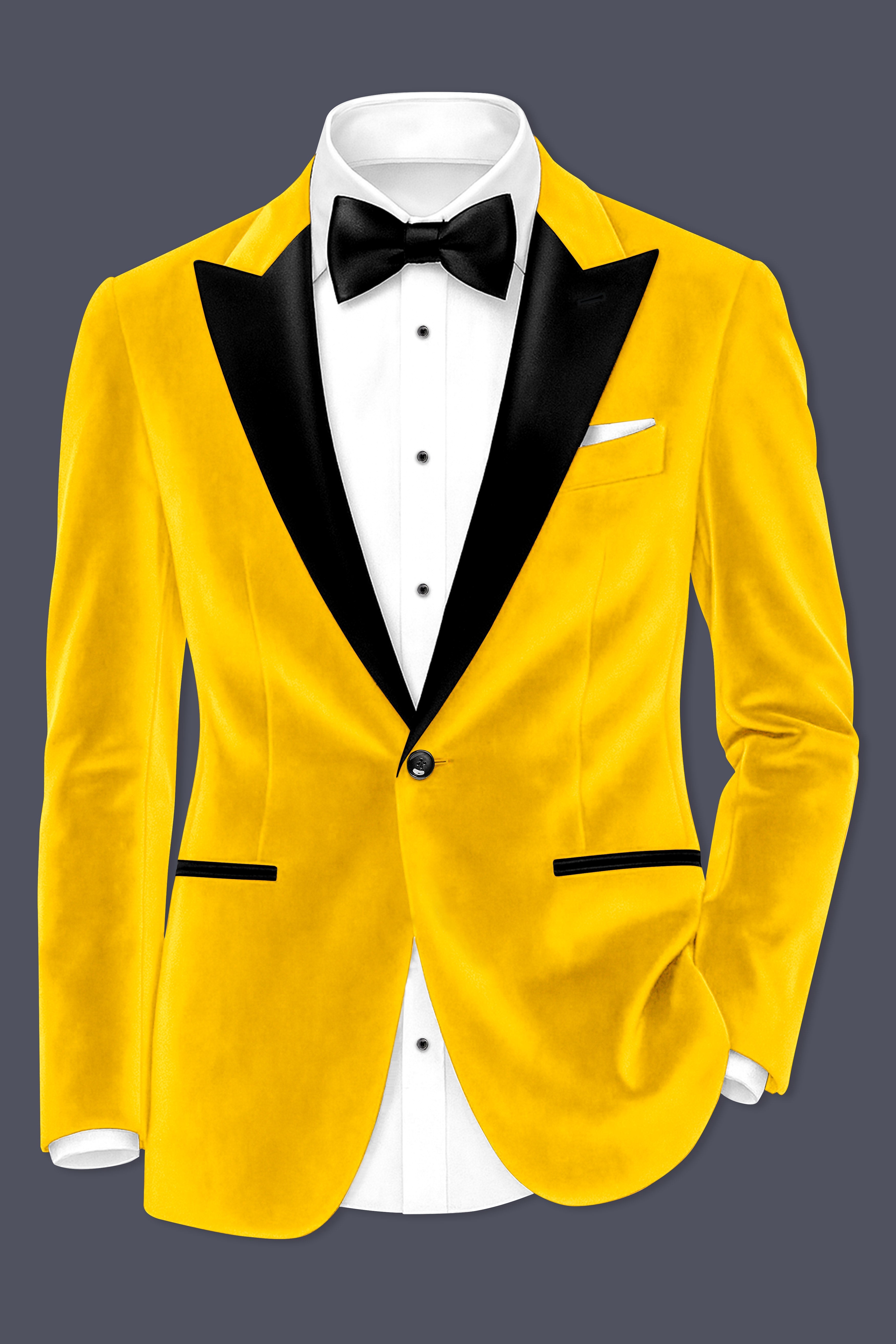 Safvell-Mustard Yellow Velvet Peak Lapel Tuxedo Blazer