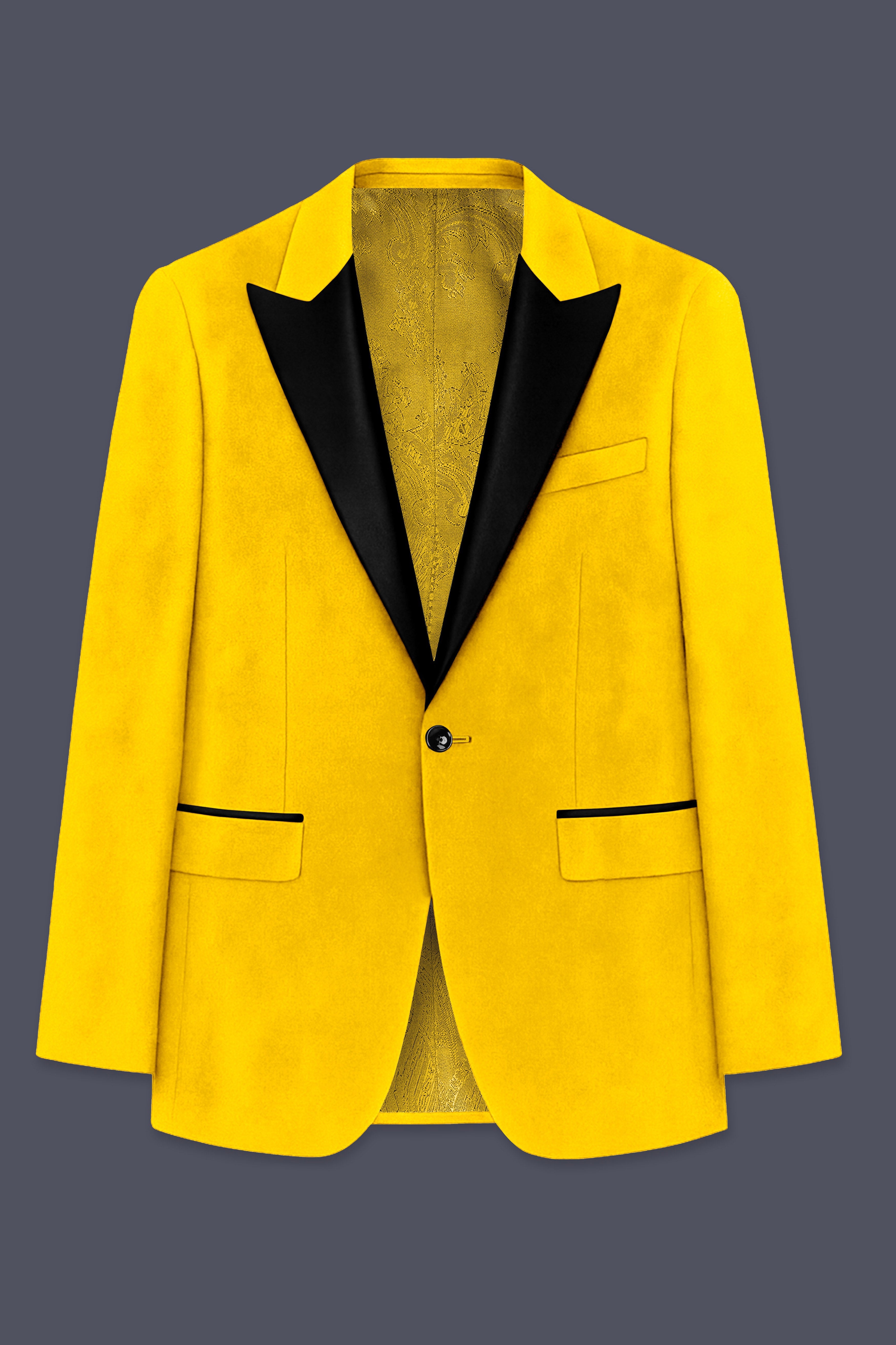 Safvell-Mustard Yellow Velvet Peak Lapel Tuxedo Blazer