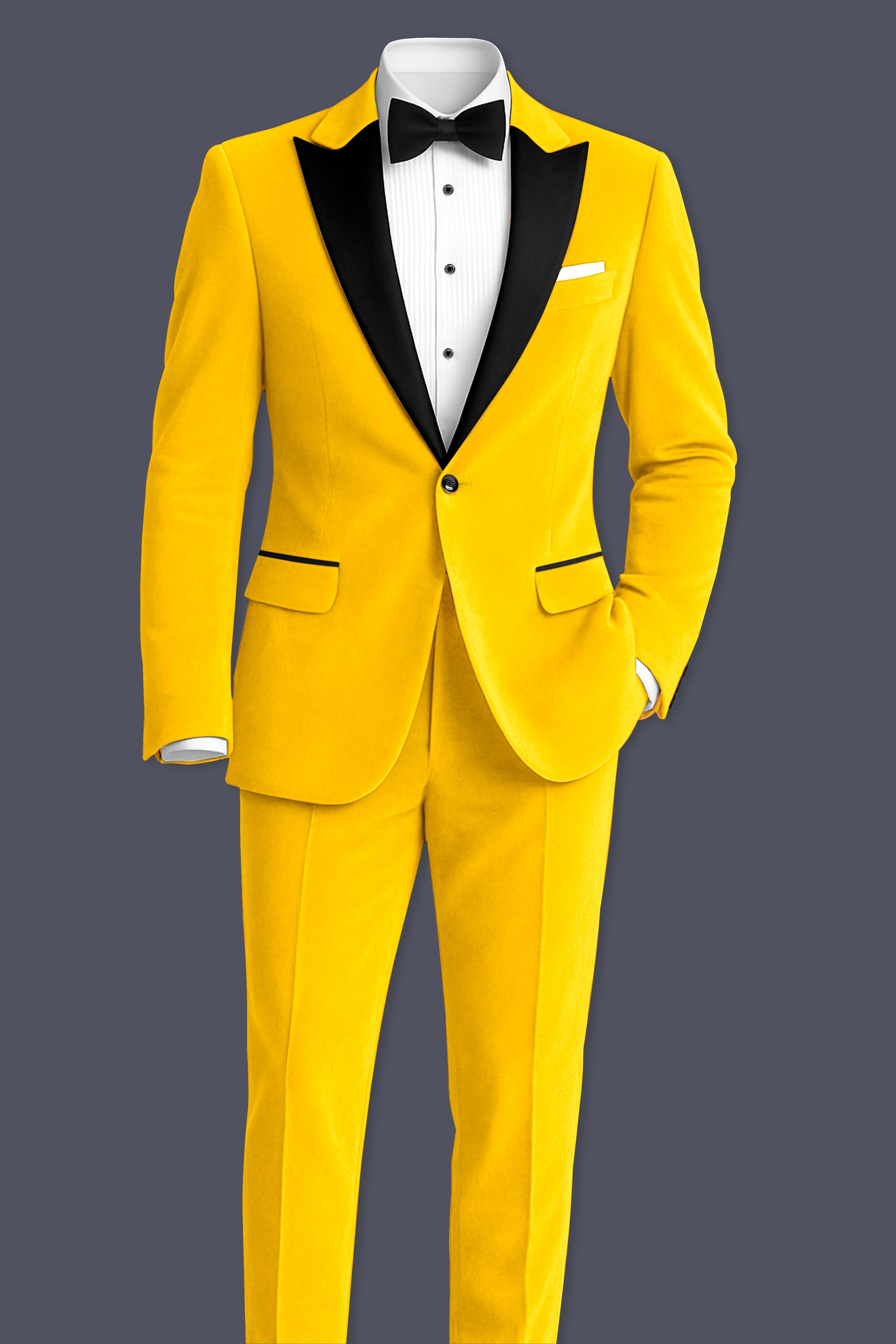 Safvell-Mustard Yellow Velvet Peak Lapel Tuxedo Blazer