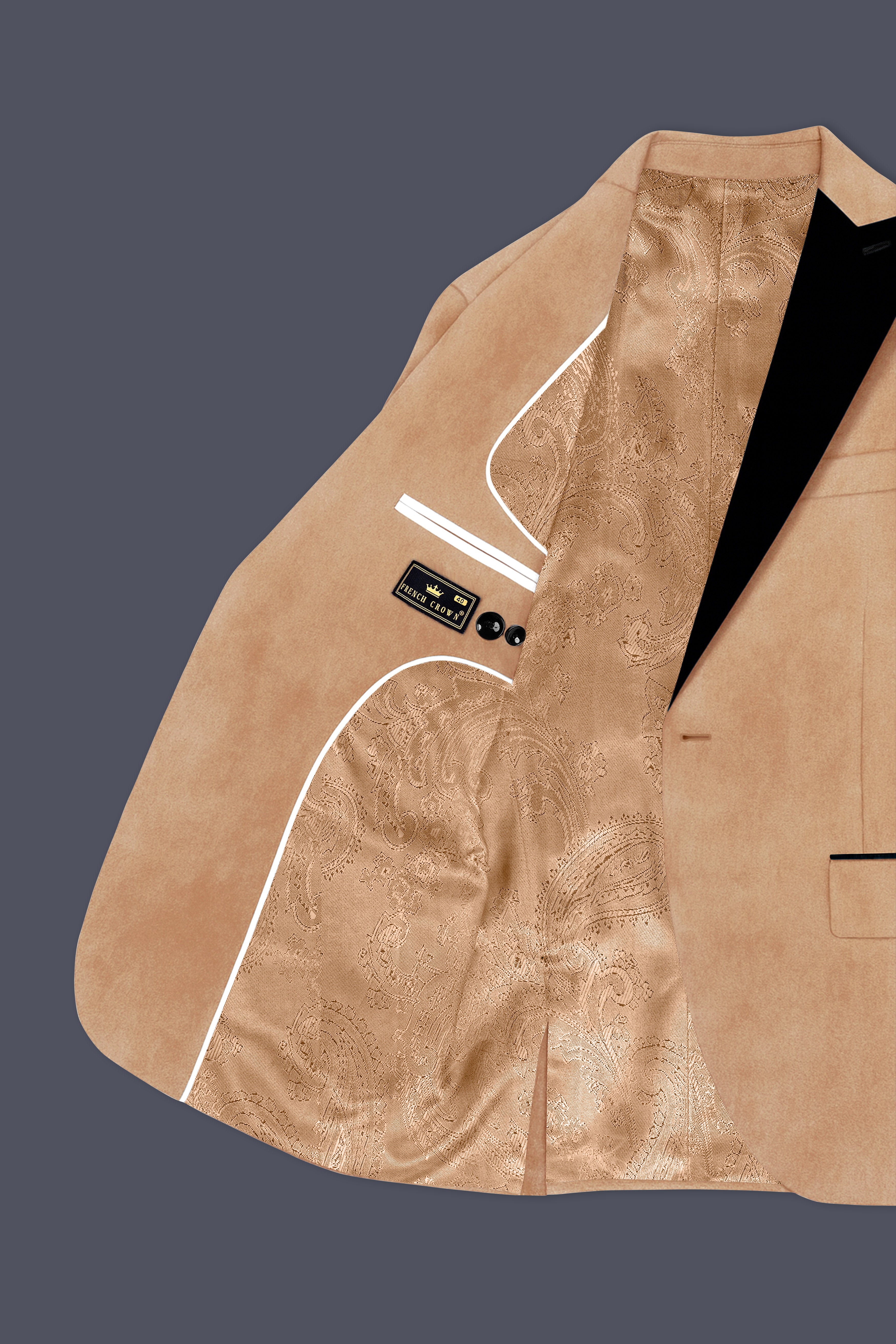Ivorel-Fawn Cream Velvet Peak Lapel Tuxedo Blazer