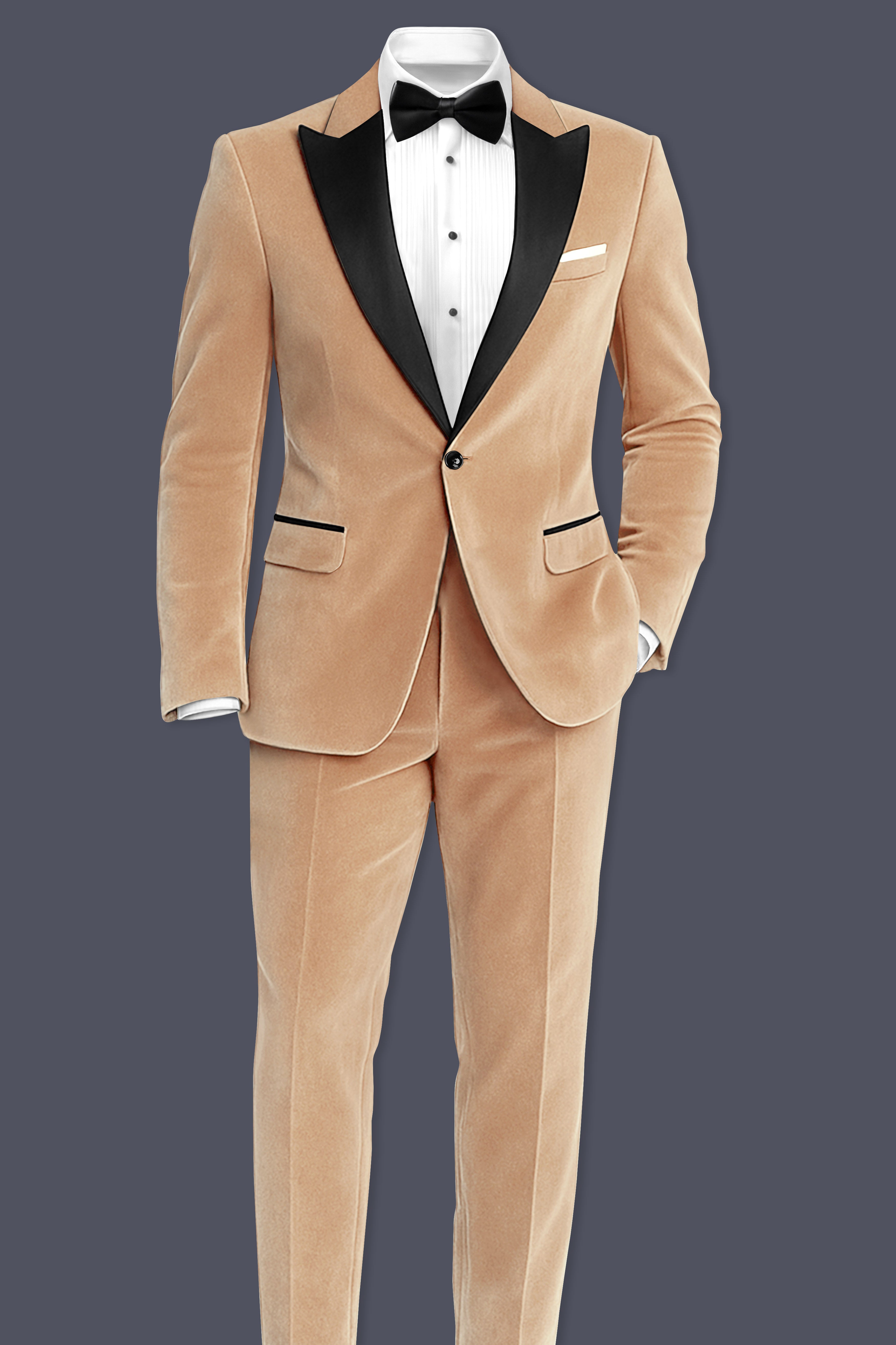 Ivorel-Fawn Cream Velvet Peak Lapel Tuxedo Blazer
