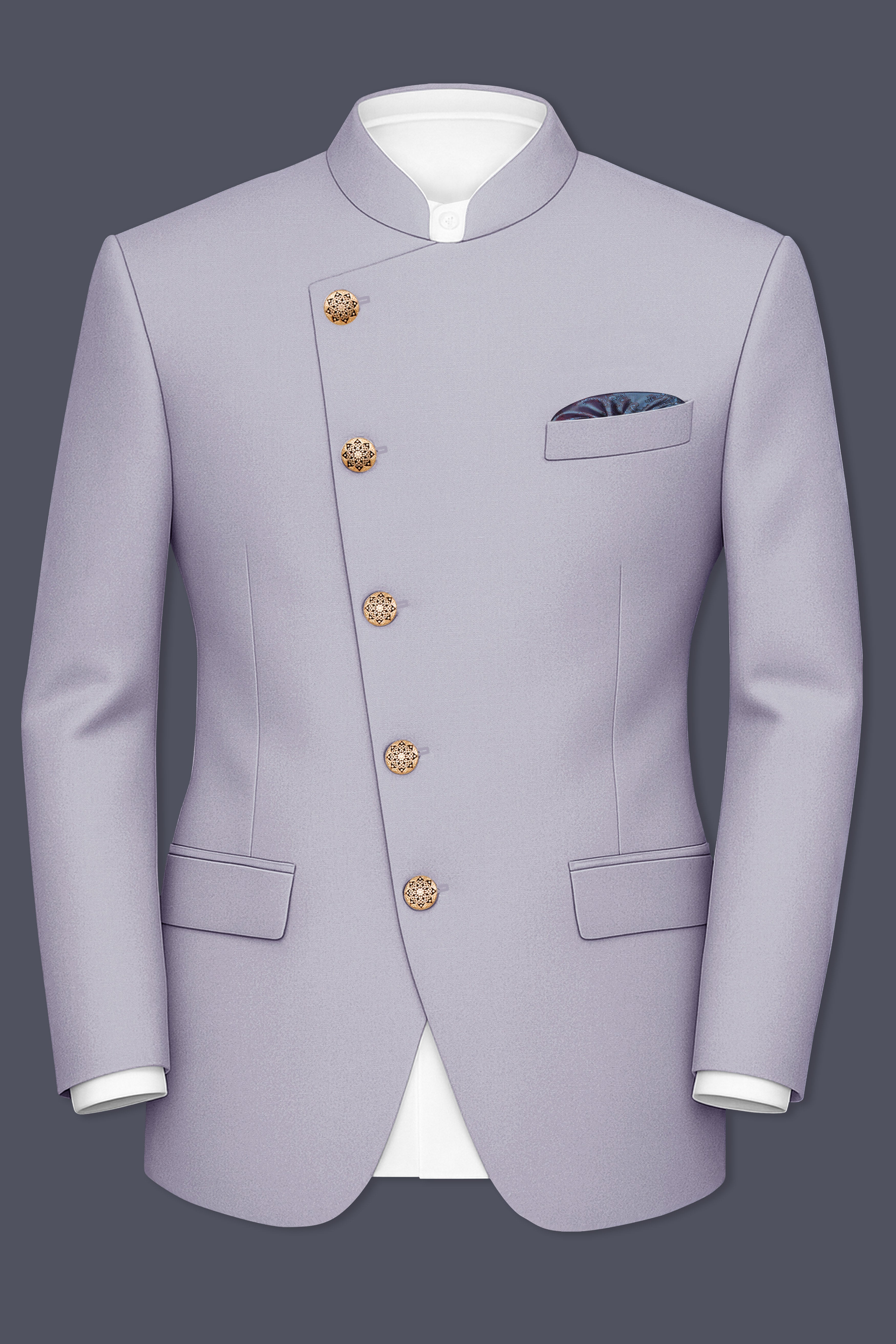 Mistivell-Mountain Mist Gray Wool Rich Cross Placket Bandhgala Stretchable traveler Blazer