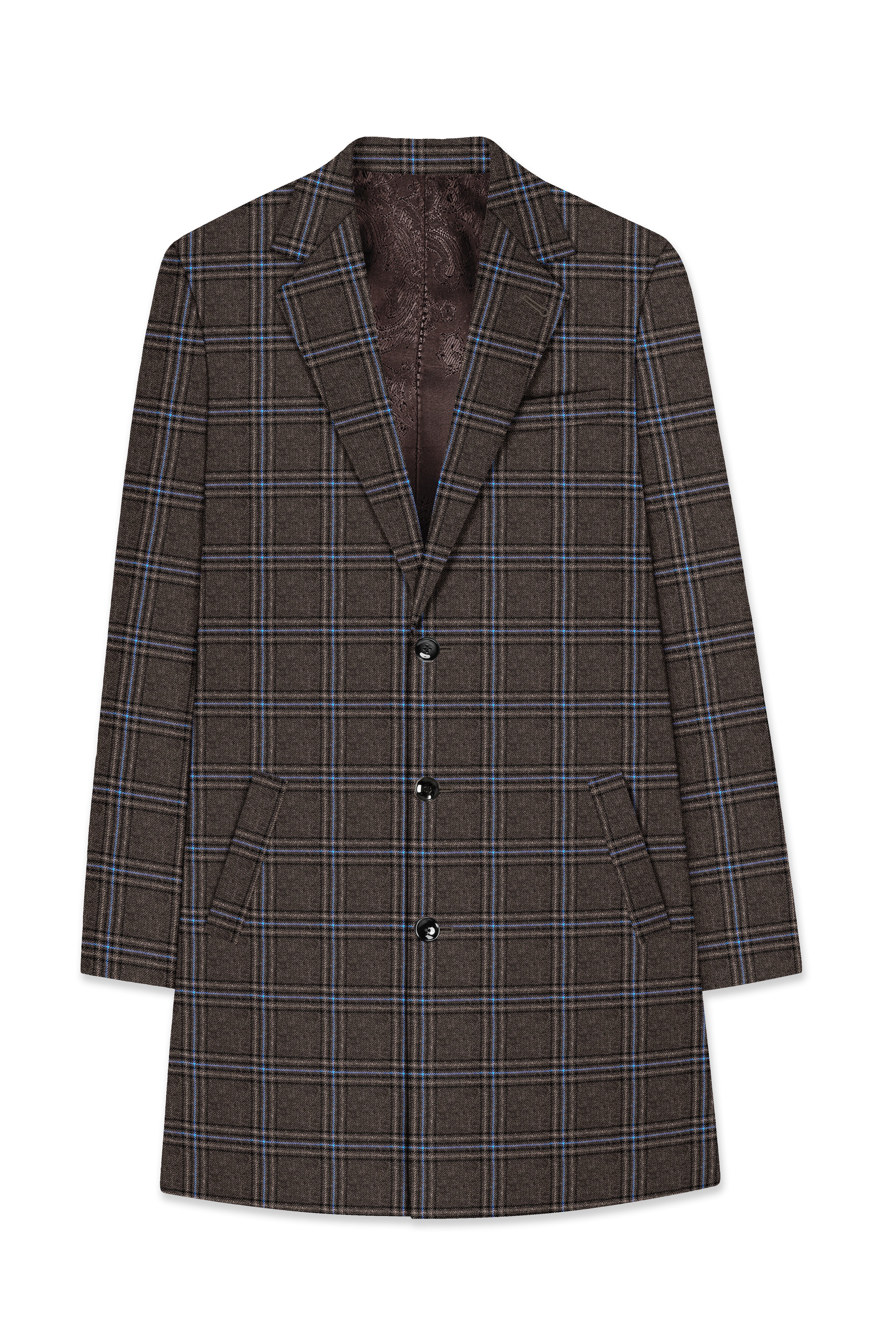Cafreno-Armadillo Brown Plaid Single Breasted Trench Coat