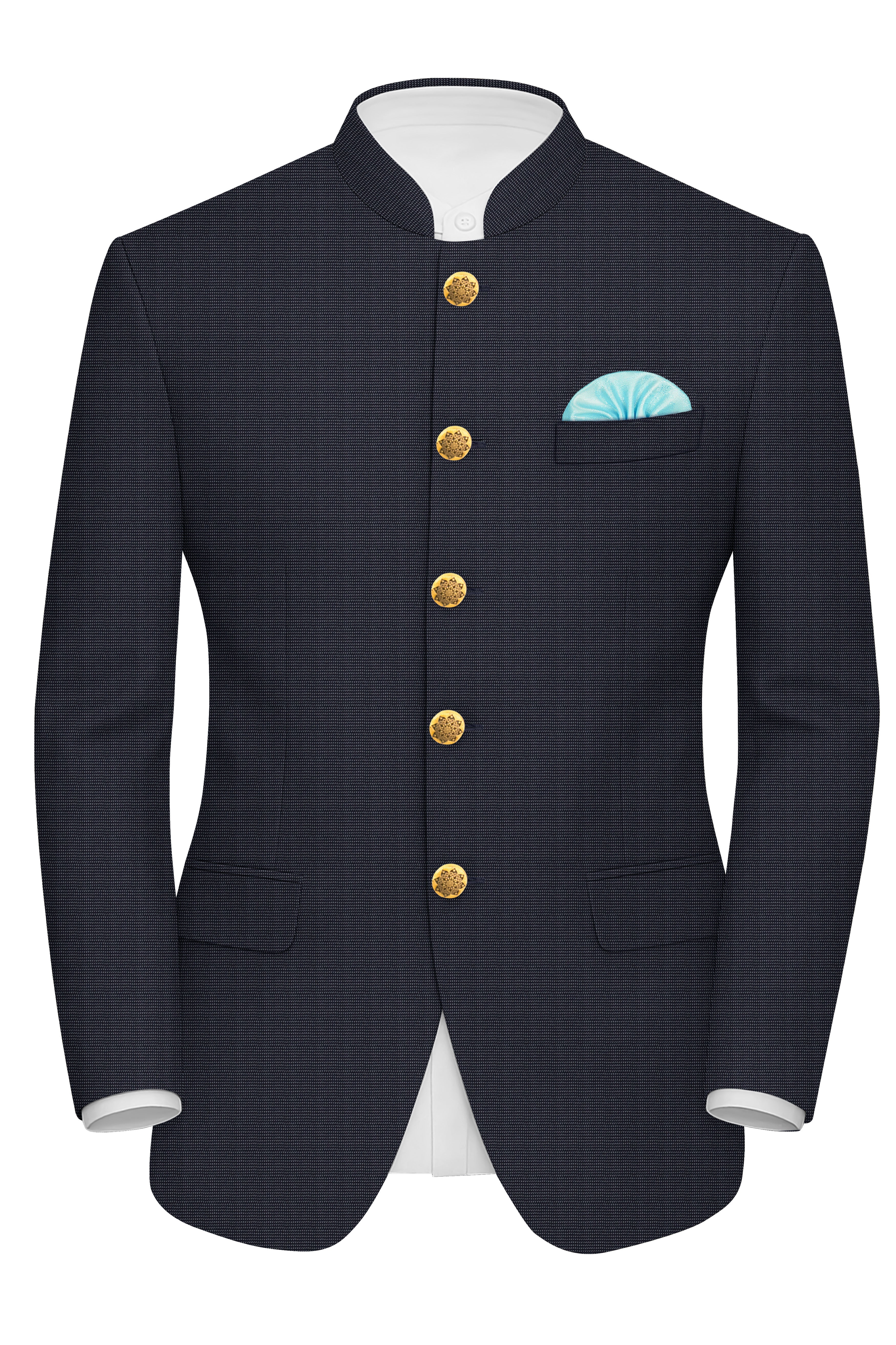 Volrano-Vulcan Blue Textured Premium Cotton Bandhgala Blazer