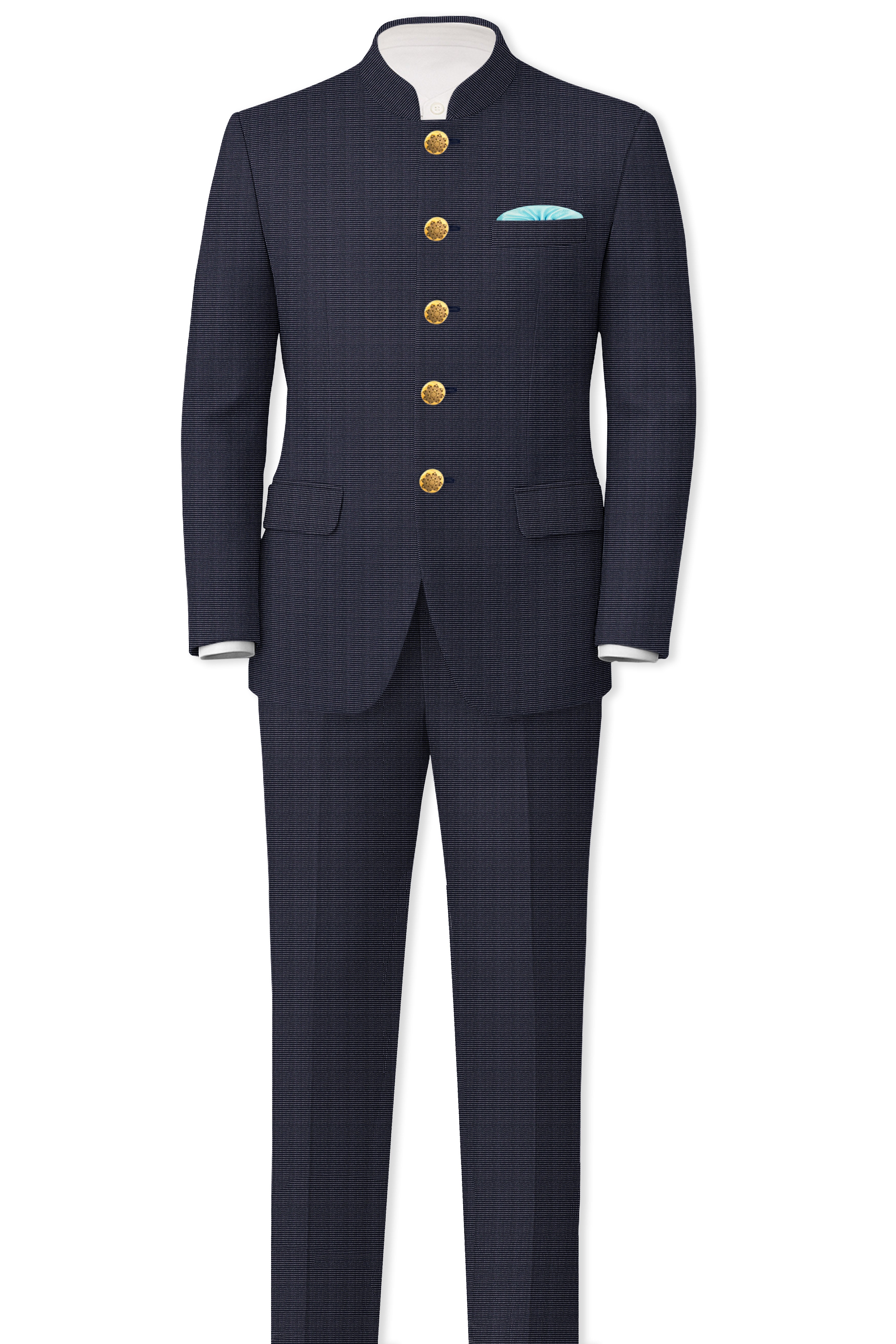 Volrano-Vulcan Blue Textured Premium Cotton Bandhgala Blazer