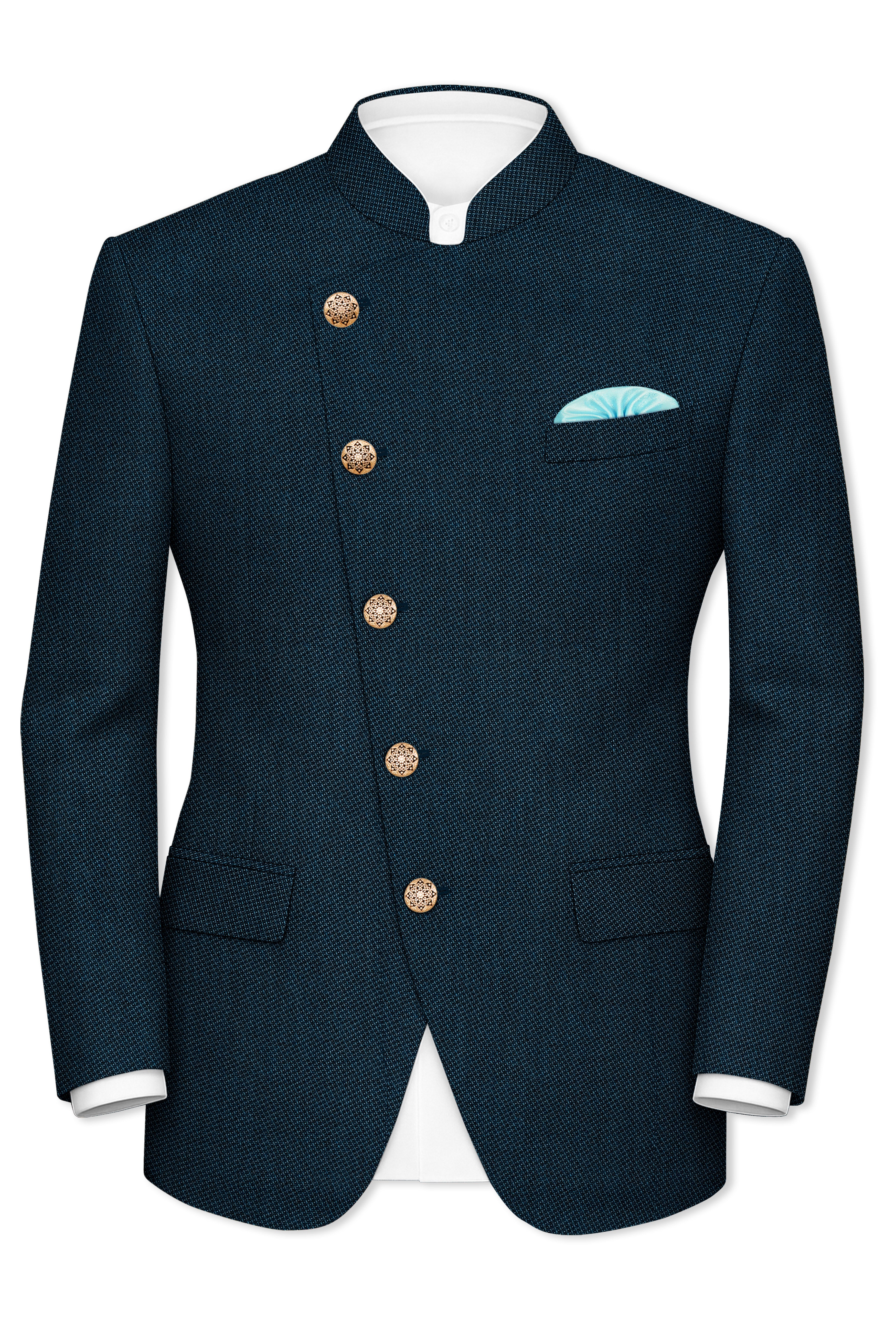 Virenzo-Tiber Green Textured Wool Rich Cross Placket Bandhgala Blazer