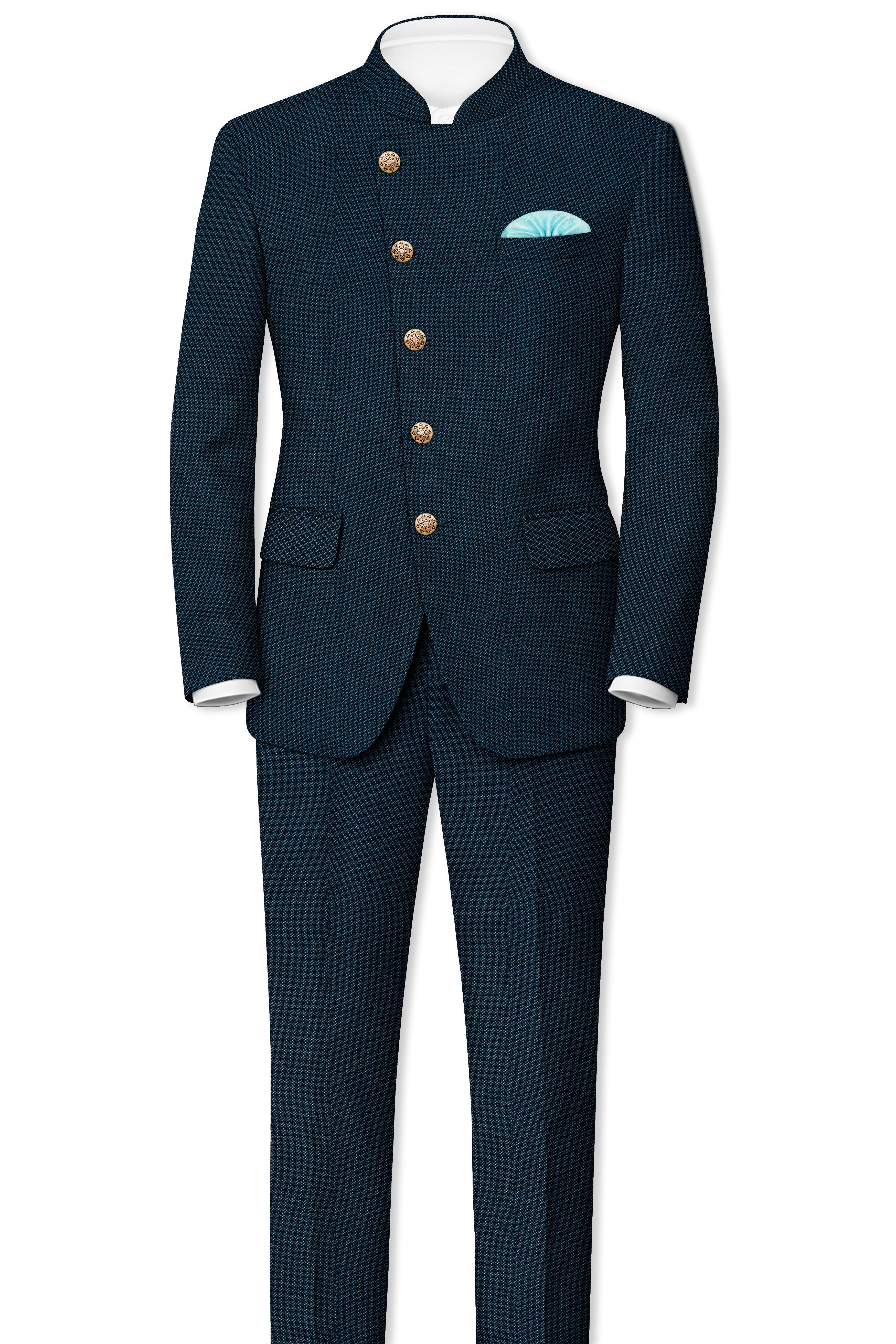 Virenzo-Tiber Green Textured Wool Rich Cross Placket Bandhgala Blazer