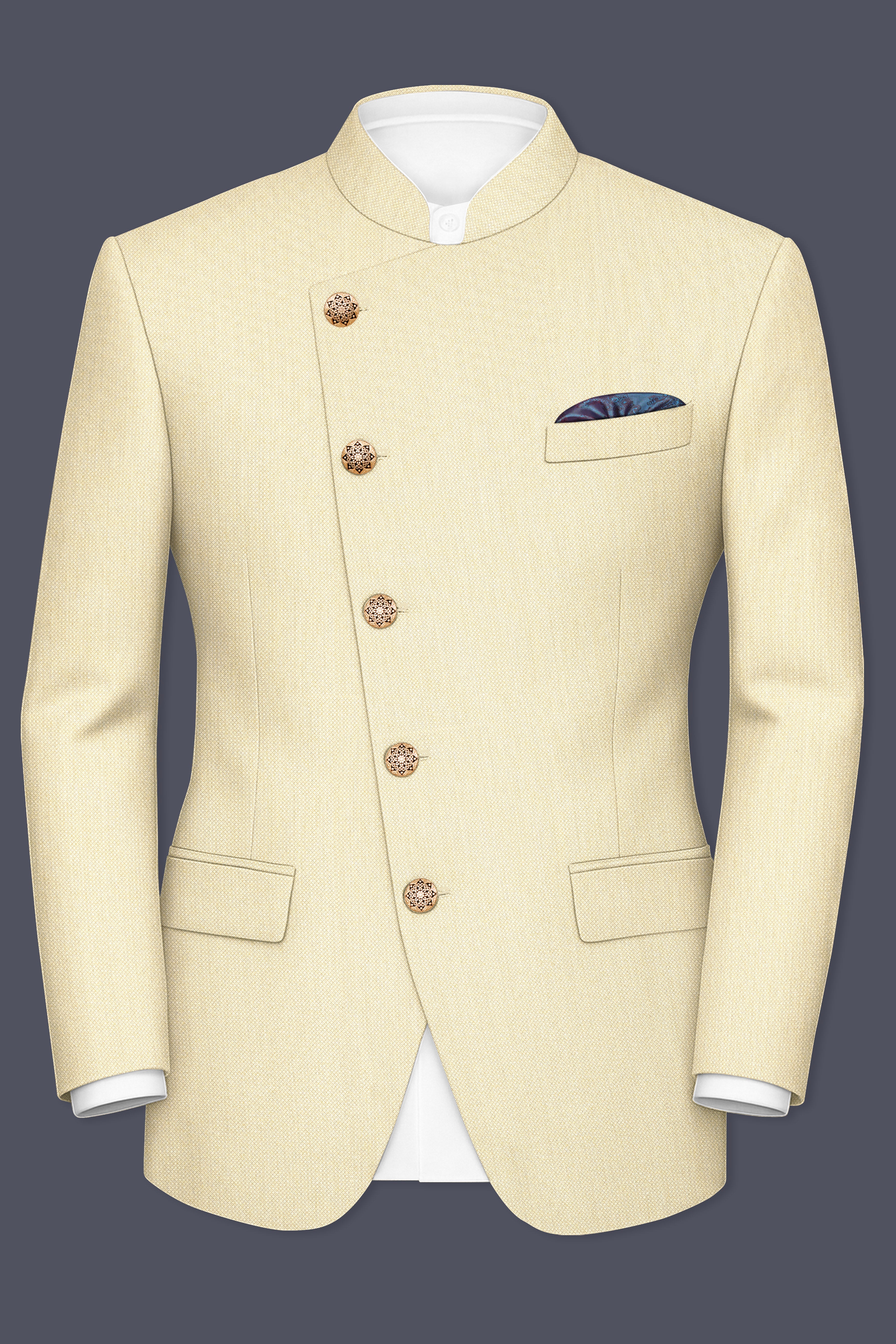 Gialaro-Zombie Yellow Textured Wool Rich Cross Placket Bandhgala Blazer
