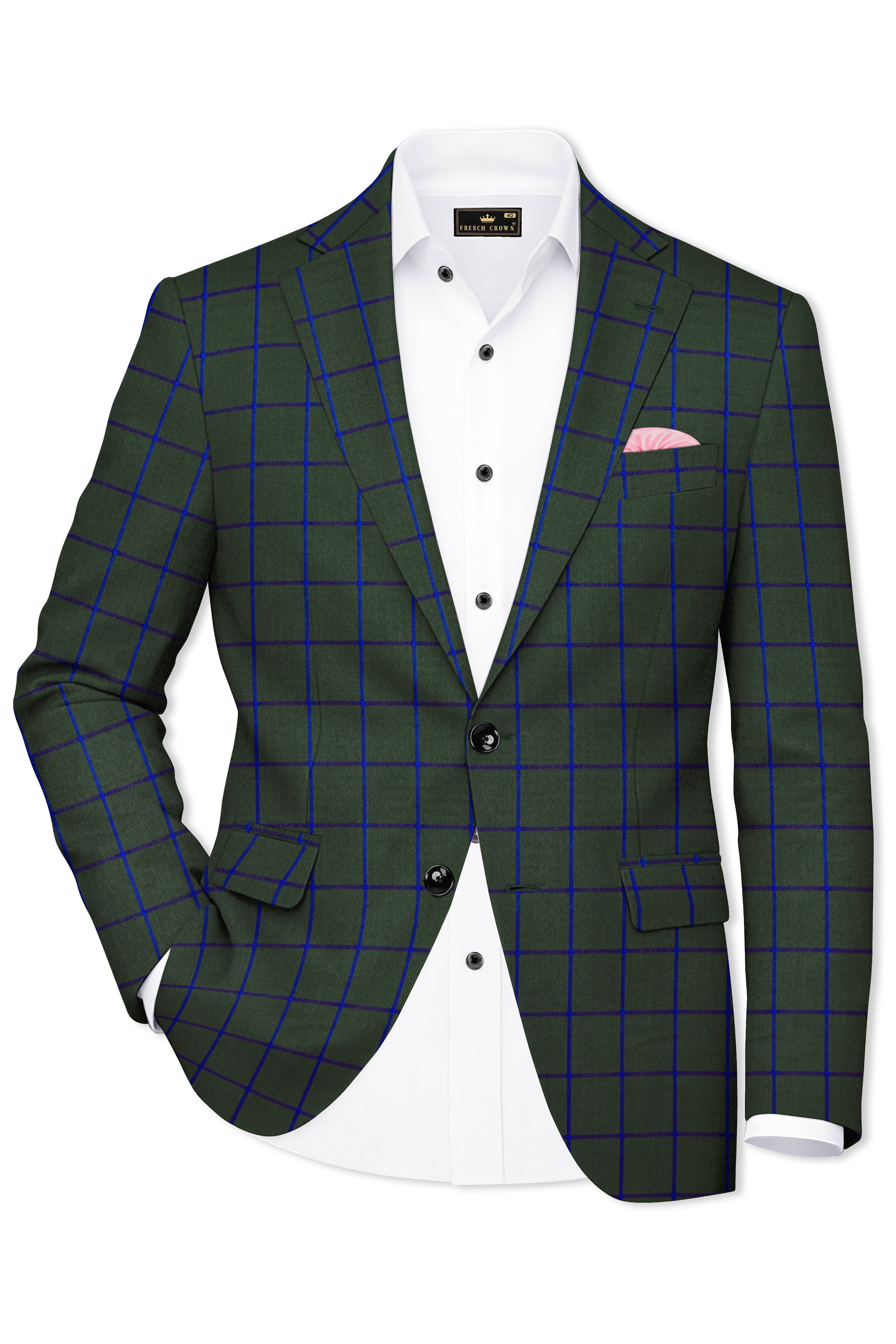 Virenzor-Thunder Green Windowpane Wool Rich Single Breasted Blazer