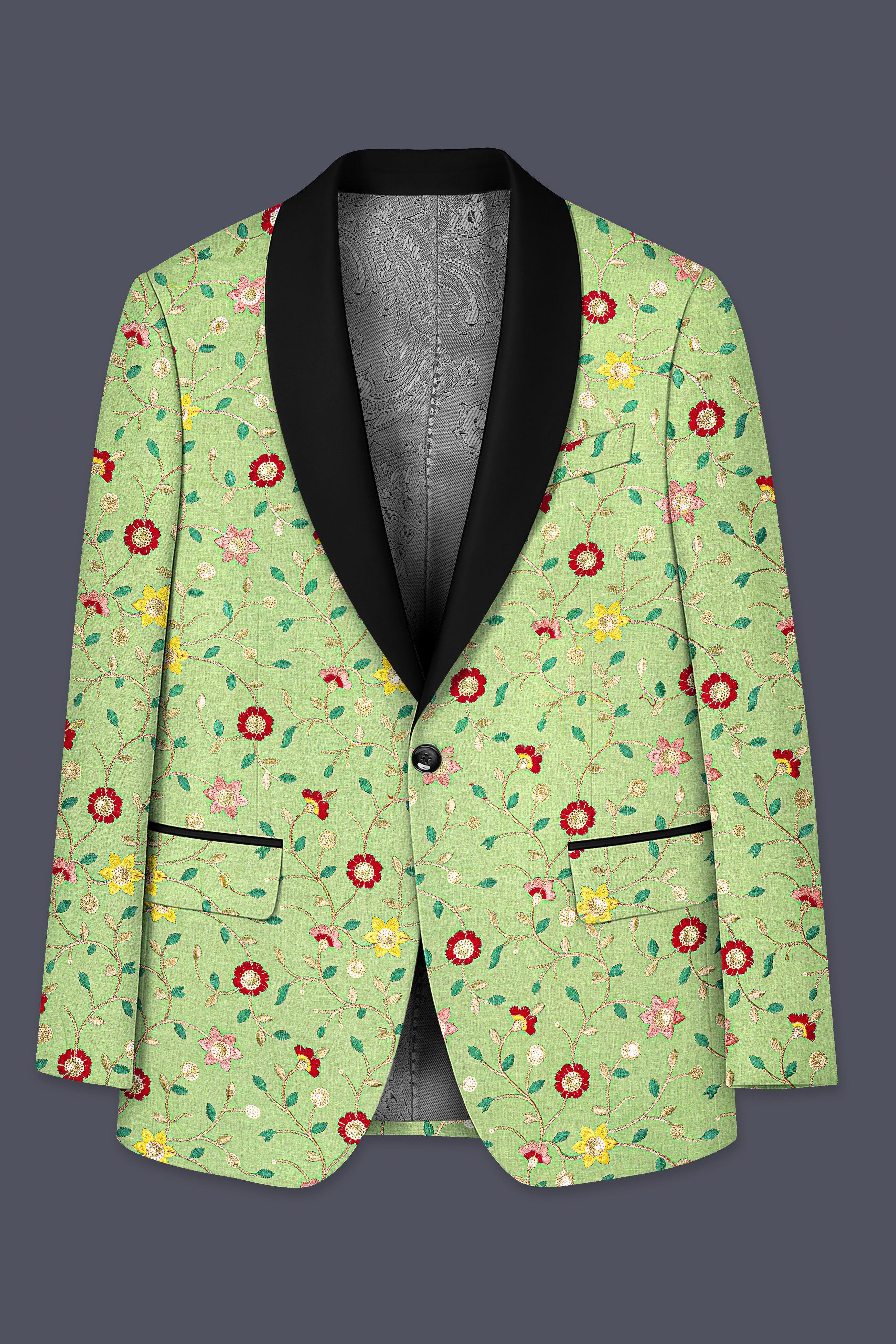 Verdoria-Hampton Green and Beryl Red Floral Multicolour Cotton Thread Embroidered Designer Tuxedo Blazer