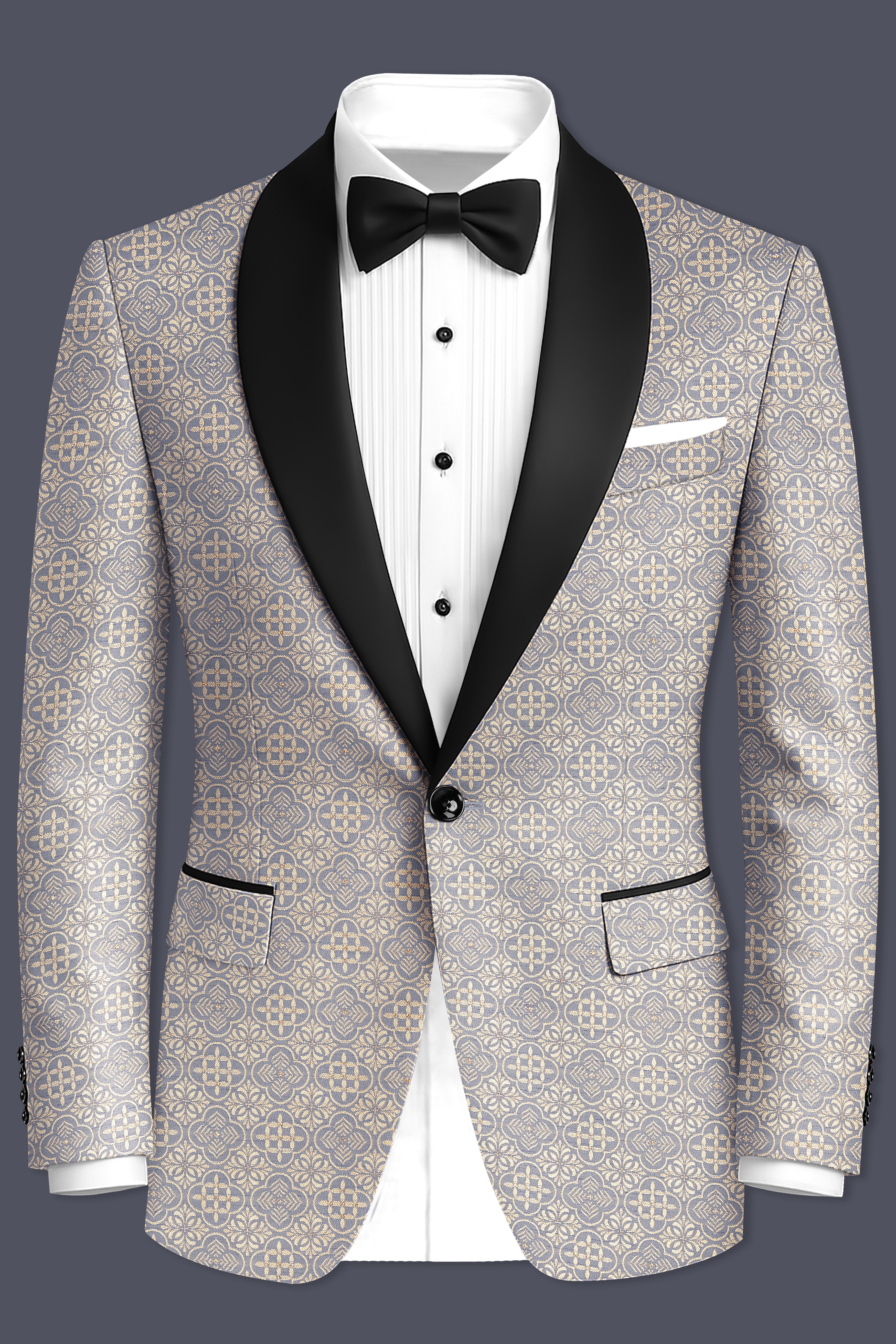 Azuroque-Somke Gray and Desert  Jacquard Textured Designer Tuxedo Blazer