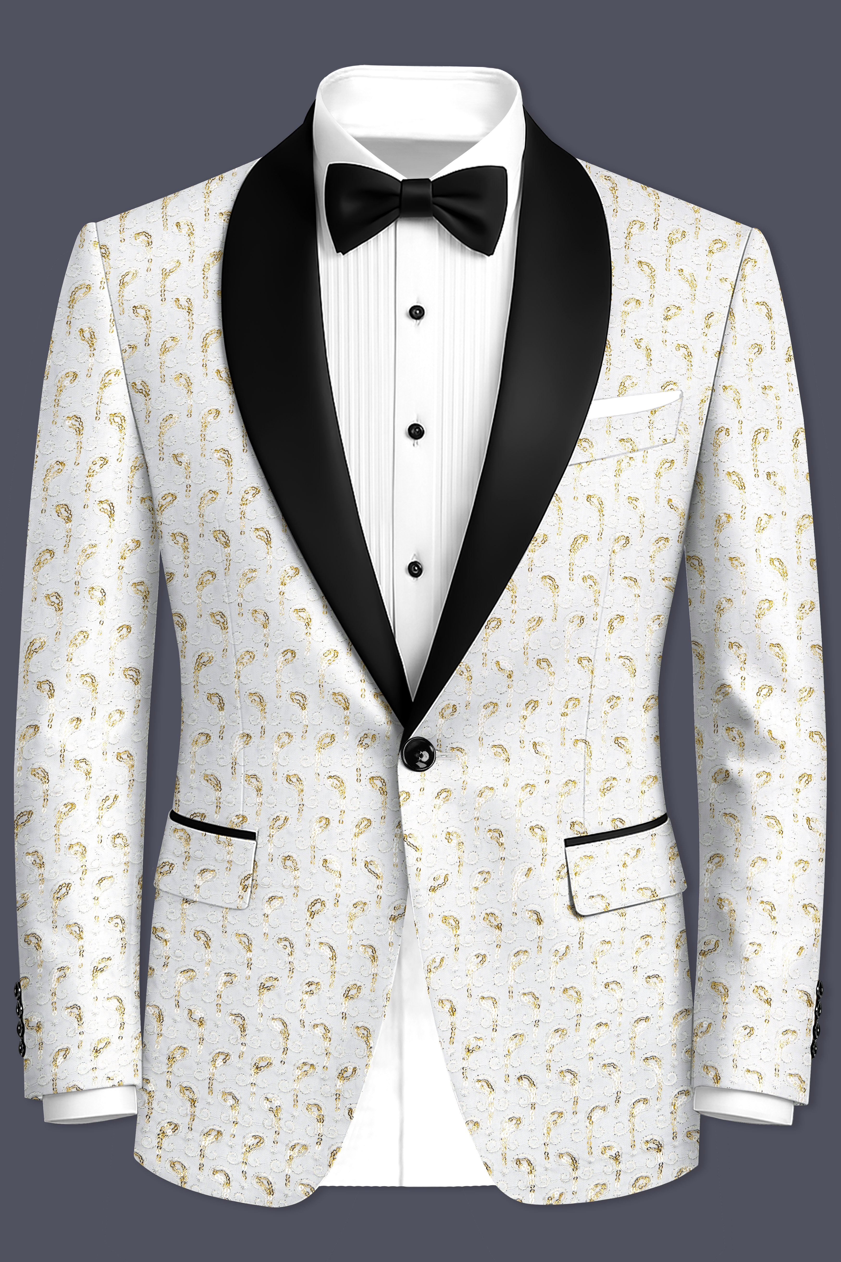 Sequenza-Bright White Leaves Pattern Sequin Embroidered Viscose Designer Tuxedo Blazer