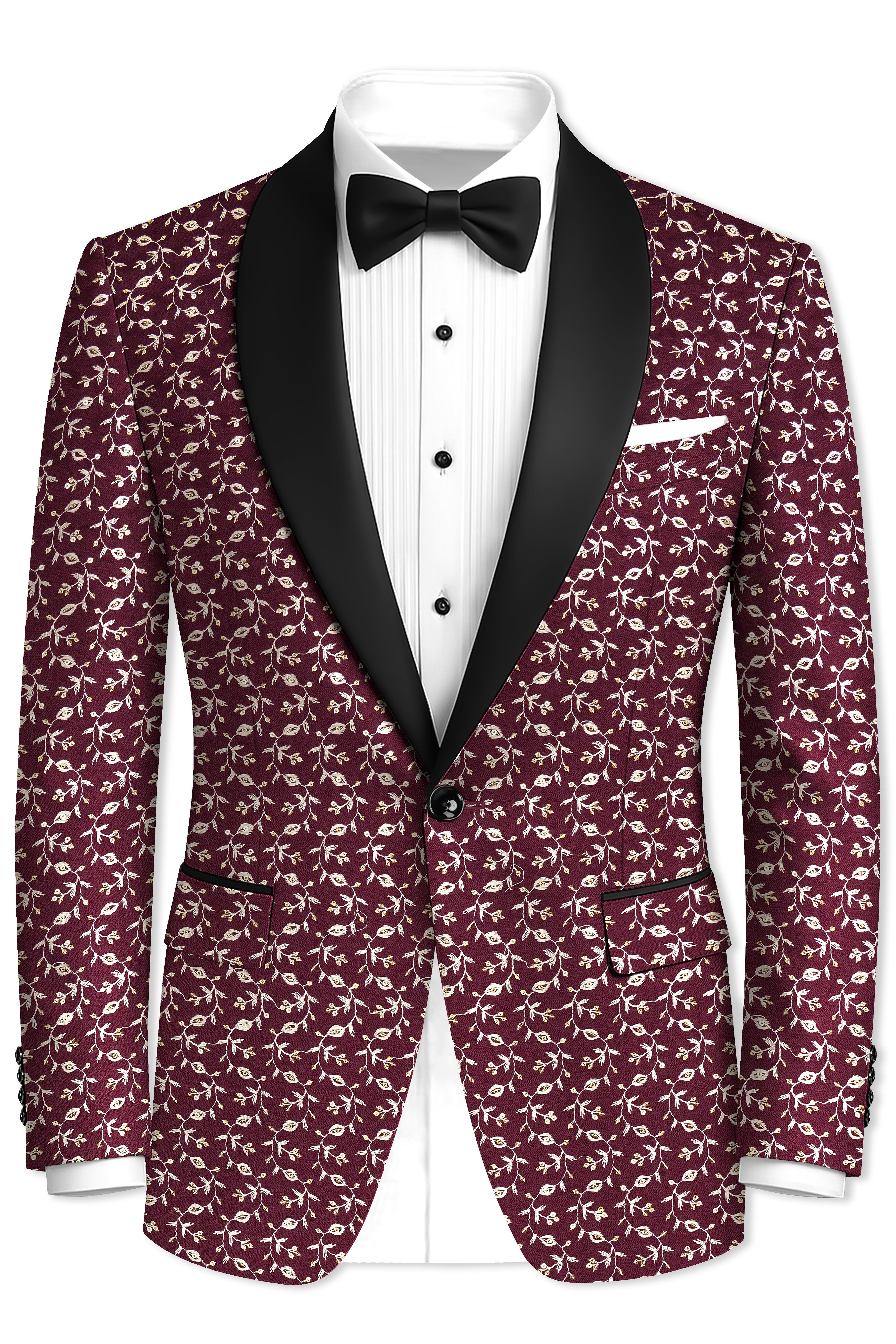 Rosencia-Mulberry Maroon Viscose Ditsy Embroidered With Tikki Work Designer Tuxedo Blazer