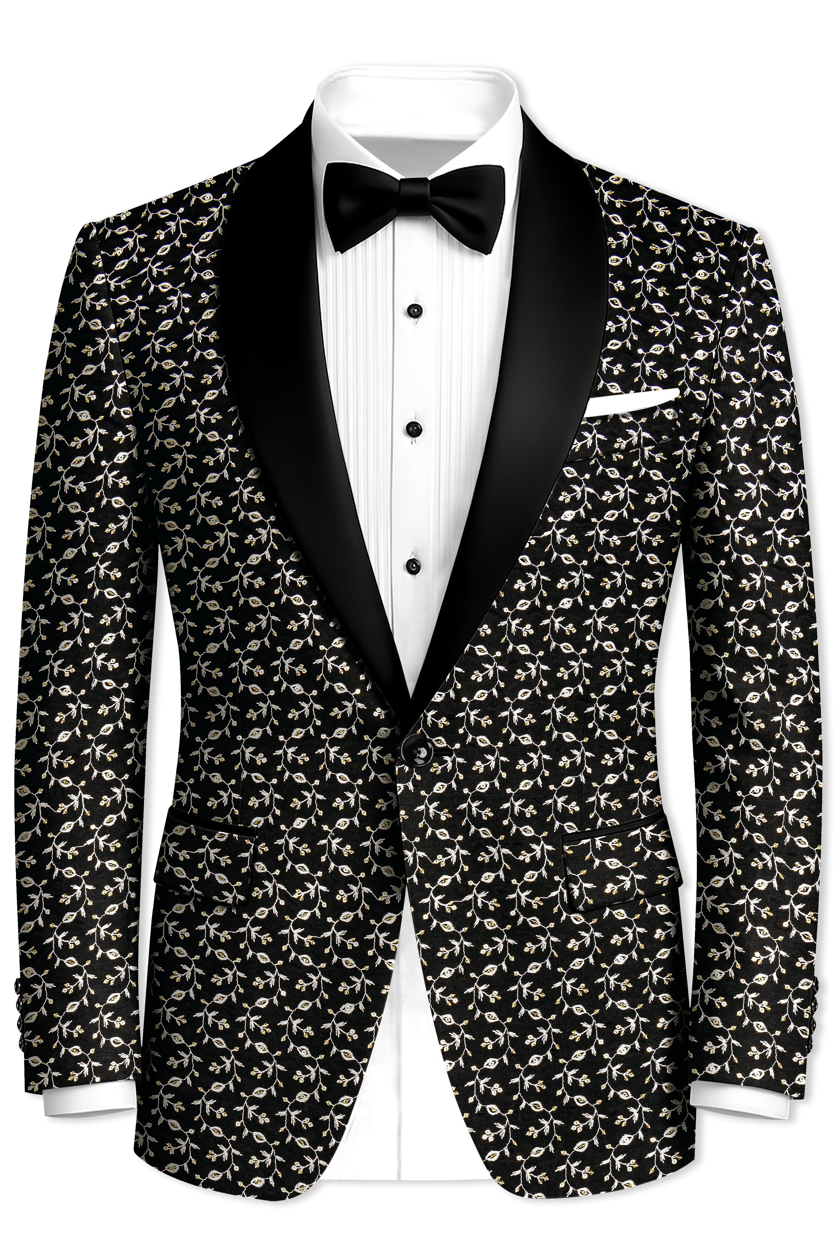 Nerquise-Jade Black Ditsy Pattern Thread and Sequin Embroidered Viscose Designer Tuxedo Blazer