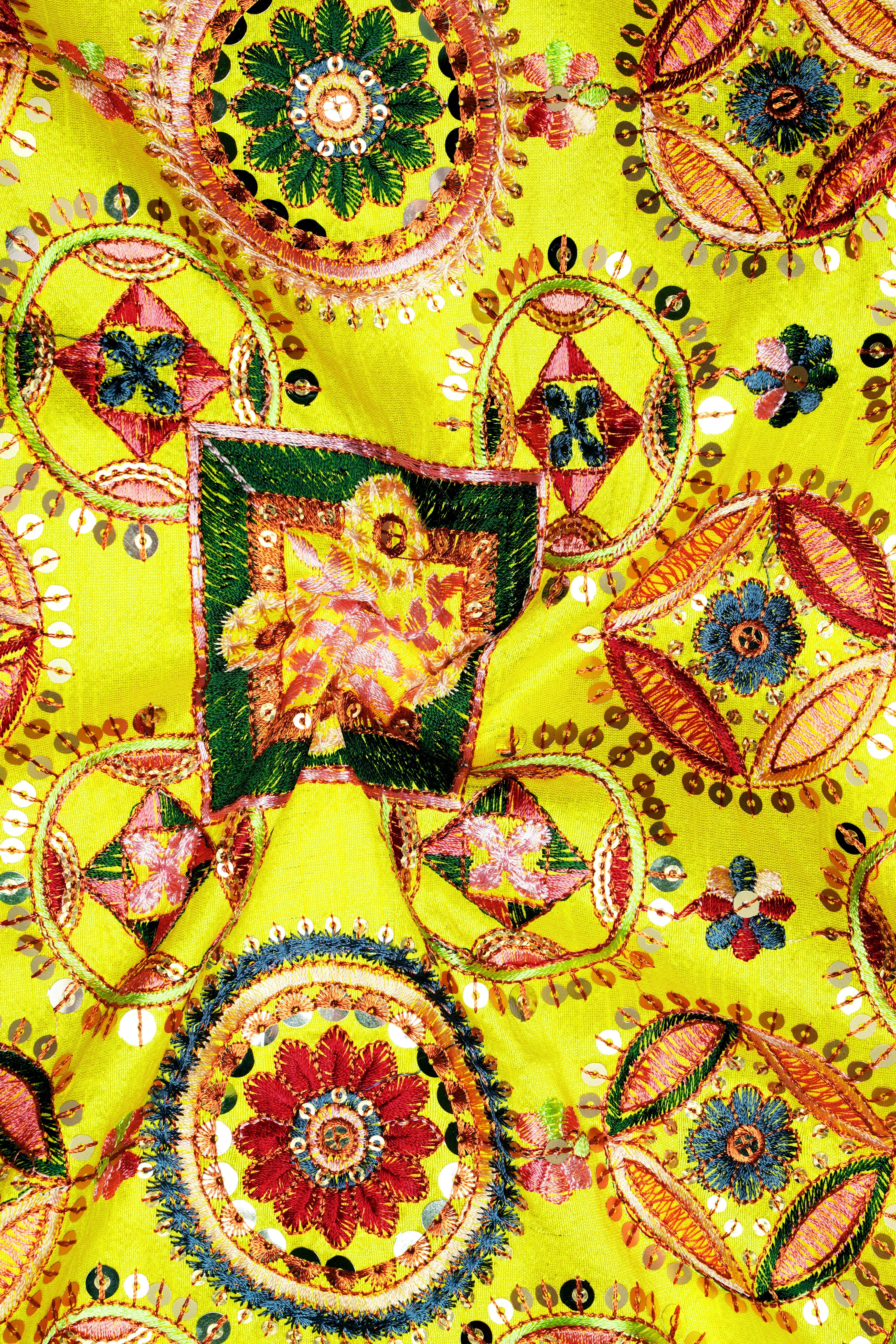 Coutflora-Custard Yellow Multicolour Cotton Thread Embroidered Designer Tuxedo Blazer