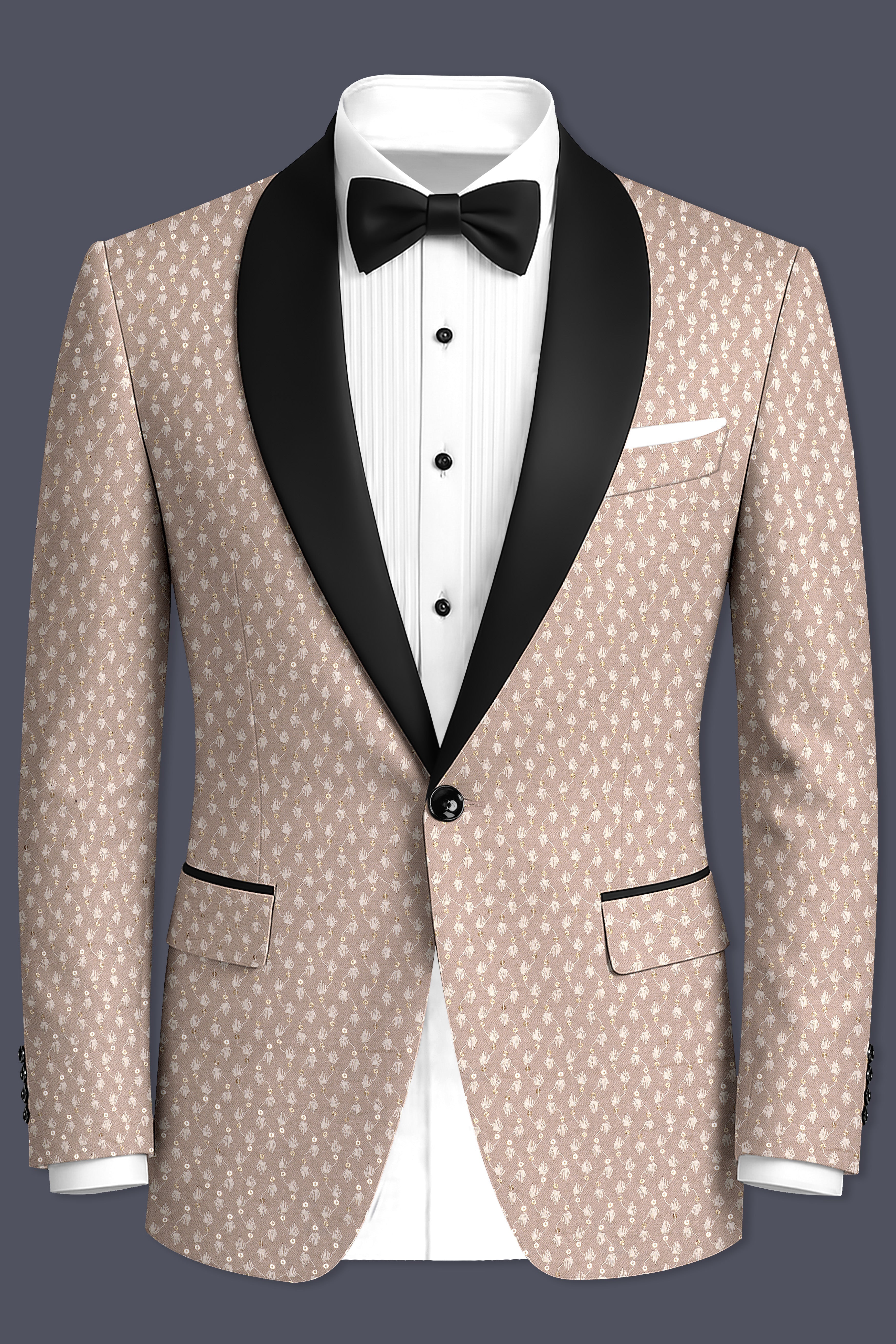 Brunora-Clam Shell Brown Embroidered Viscose Designer Tuxedo Blazer