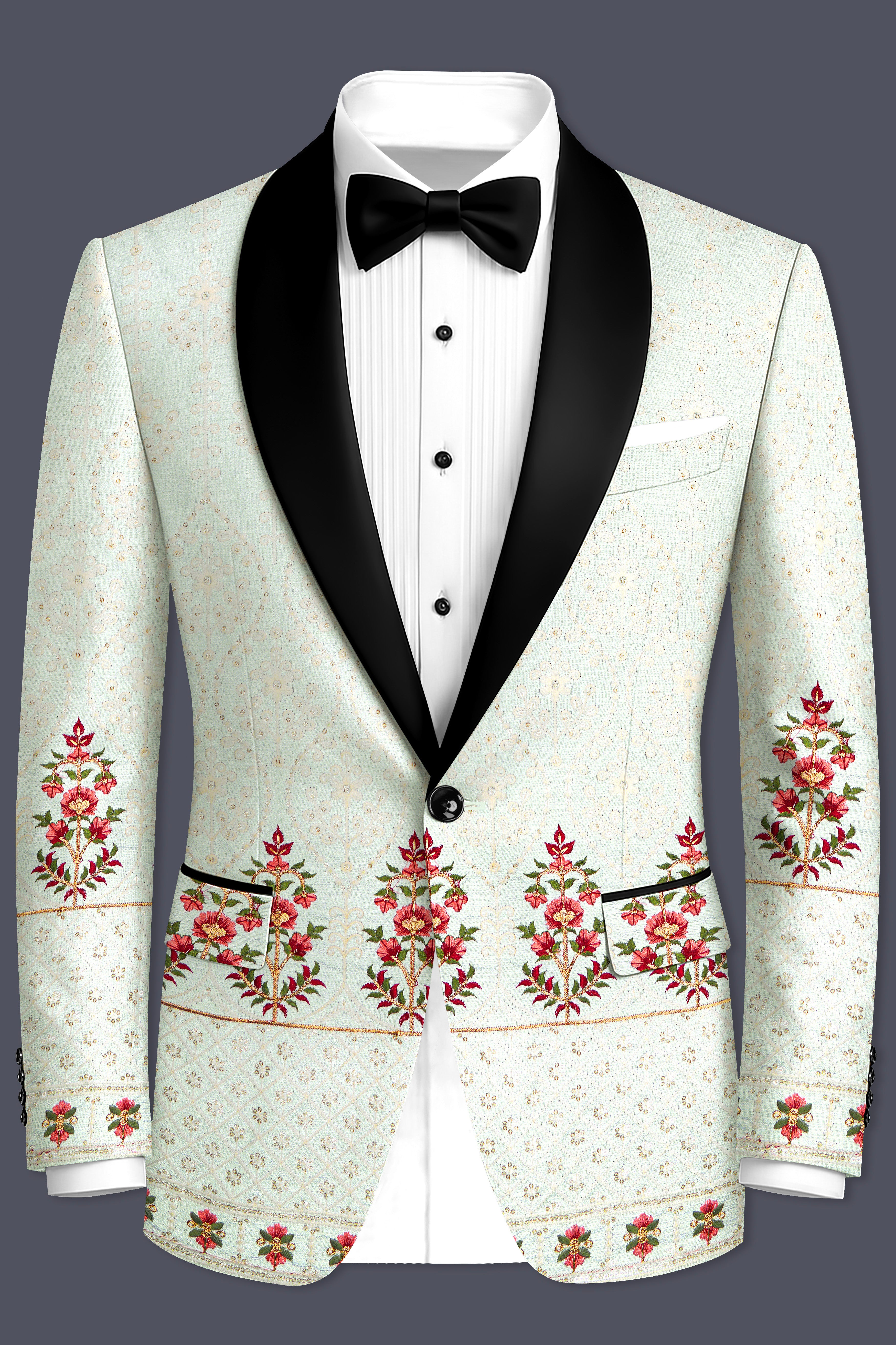 Finvera-Merino Cream with Finch Green Thread and Sequin Embroidered Designer Blazer