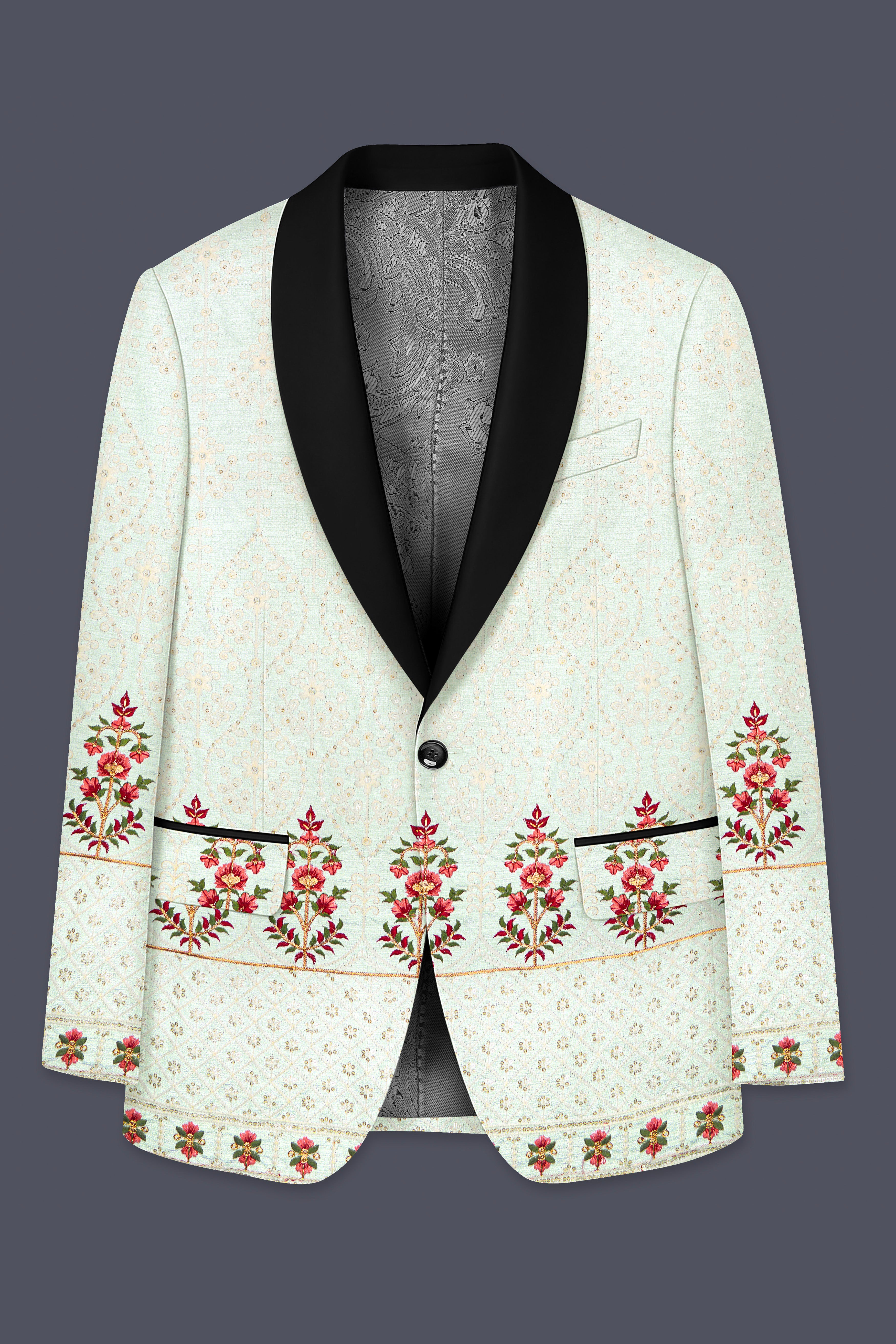 Finvera-Merino Cream with Finch Green Thread and Sequin Embroidered Designer Blazer