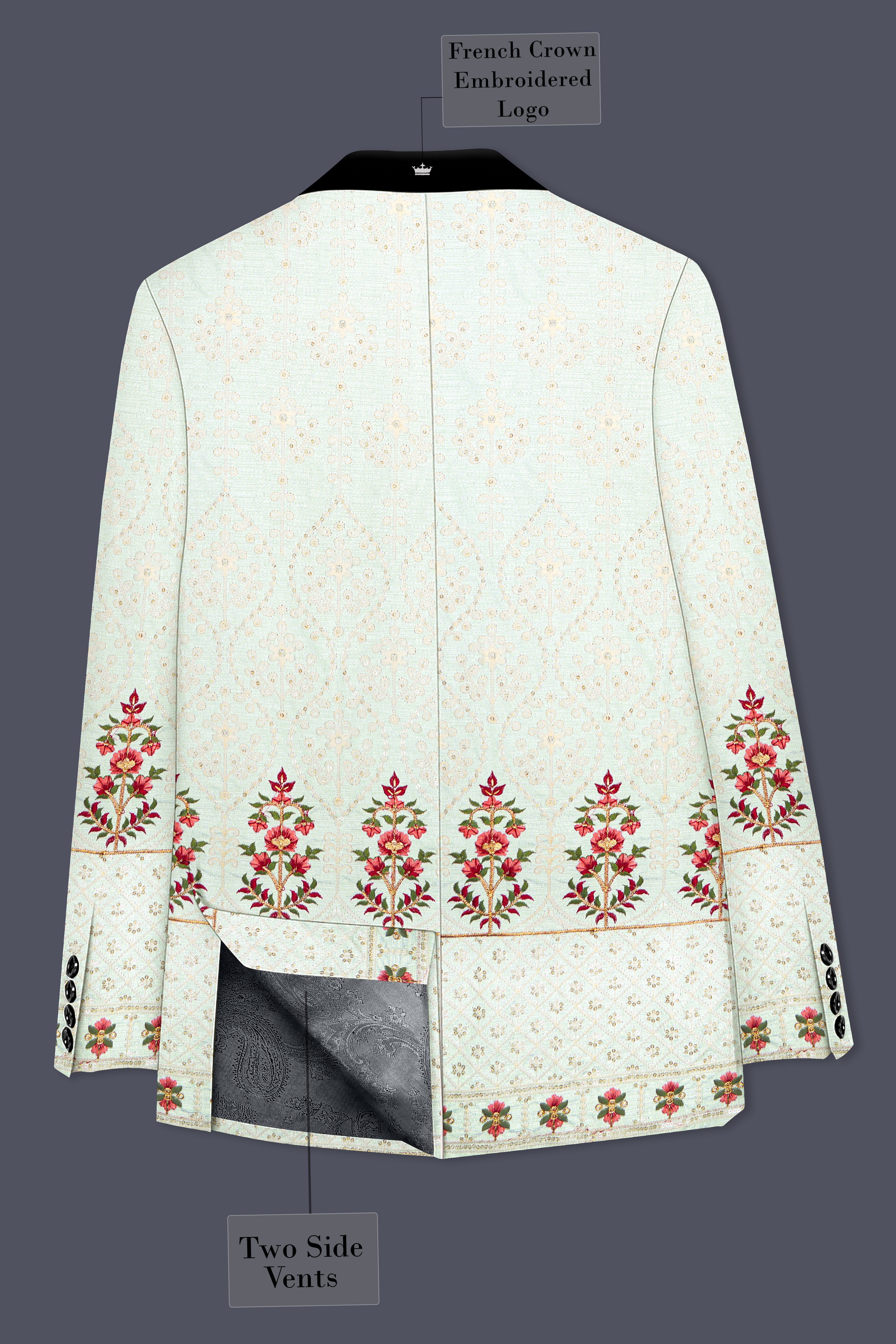 Finvera-Merino Cream with Finch Green Thread and Sequin Embroidered Designer Blazer