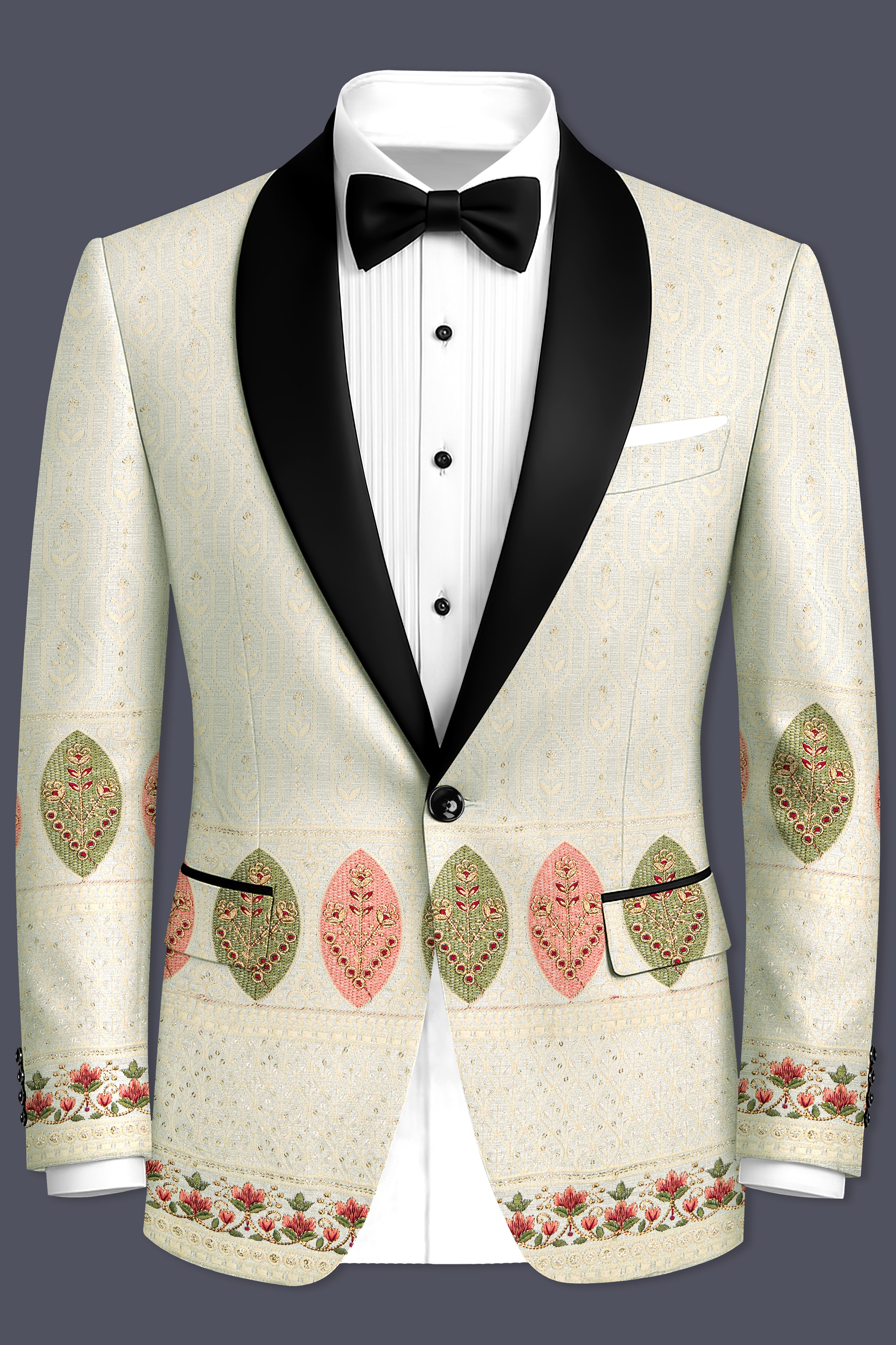 Lustrara-Antique Cream and Peachy Peach Thread and Sequin Embroidered Designer Blazer