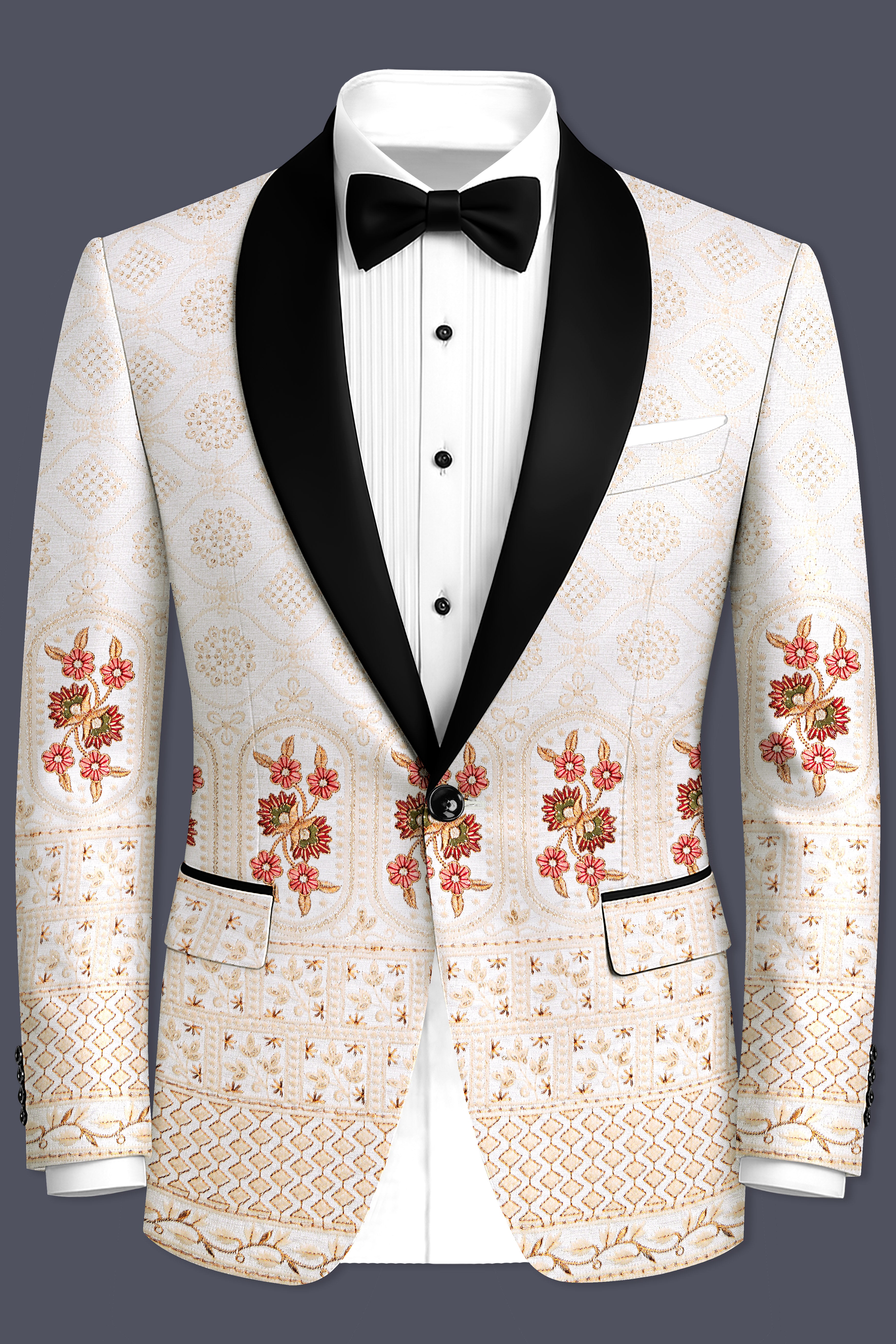 Aurevia-Spanish Cream and Flamingo Peach Thread and Sequin Embroidered Designer Blazer