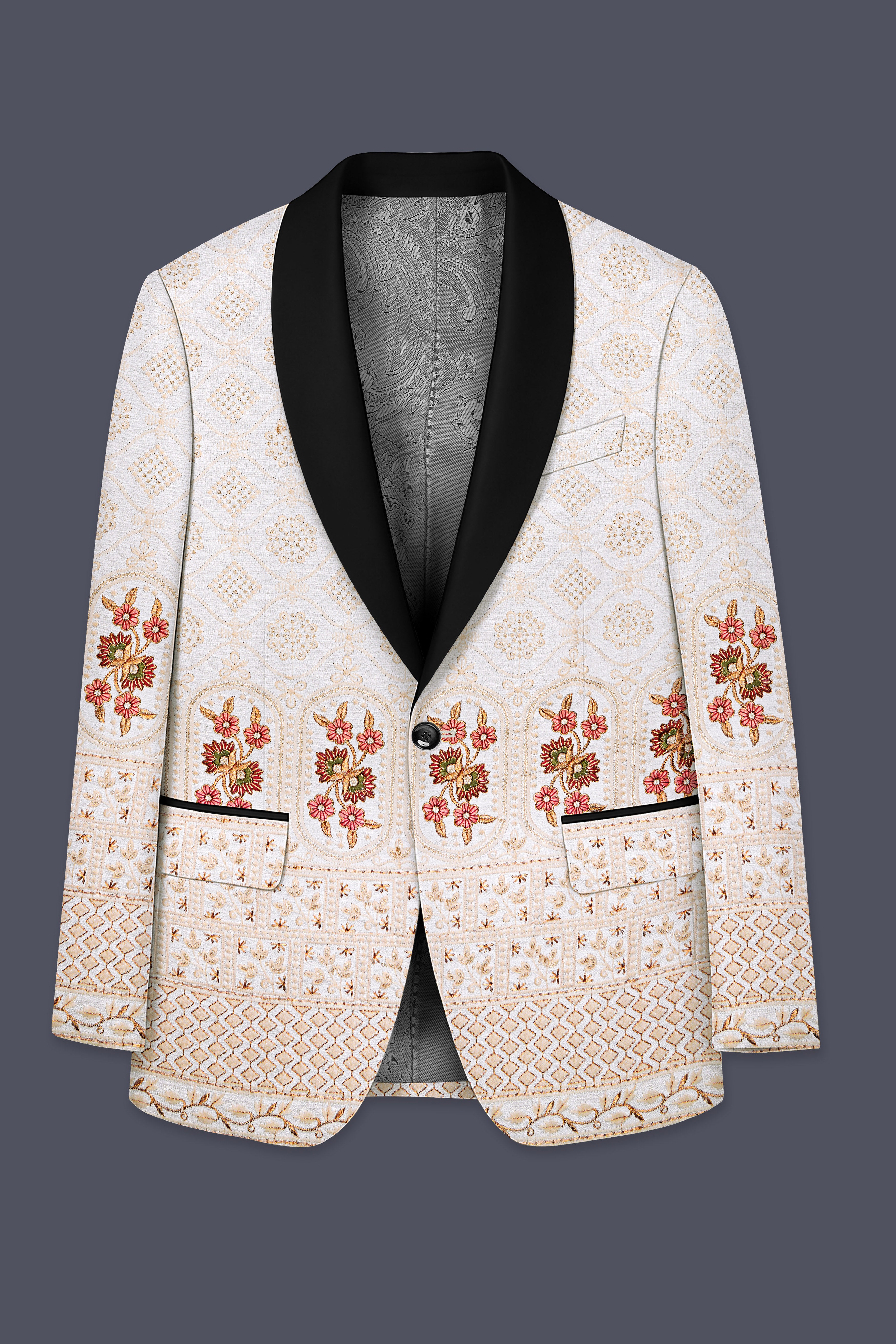 Aurevia-Spanish Cream and Flamingo Peach Thread and Sequin Embroidered Designer Blazer