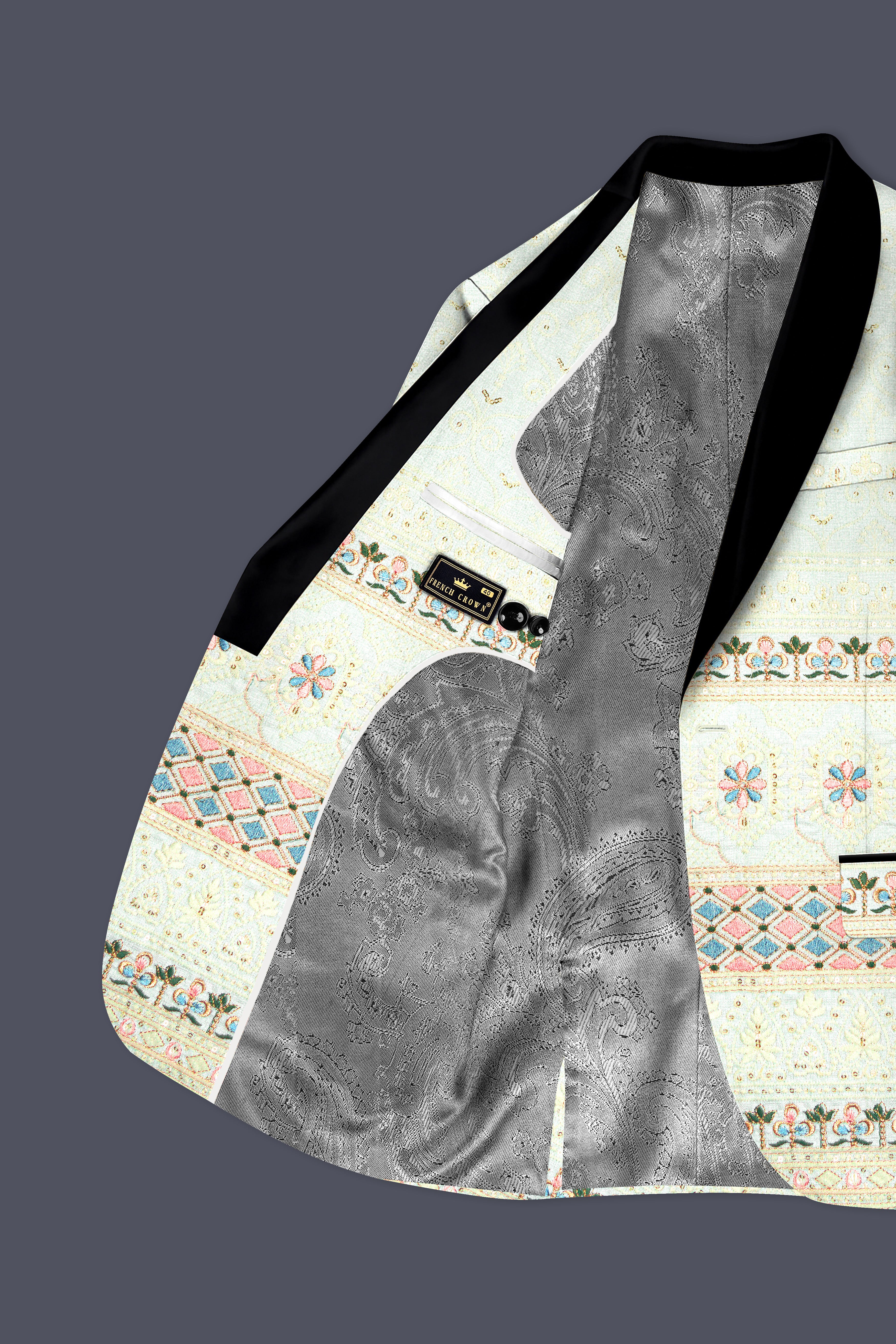 Auressa-merino Cream And Finch Green Multicolour Thread and Sequin Embroidered Designer Tuxedo Blazer