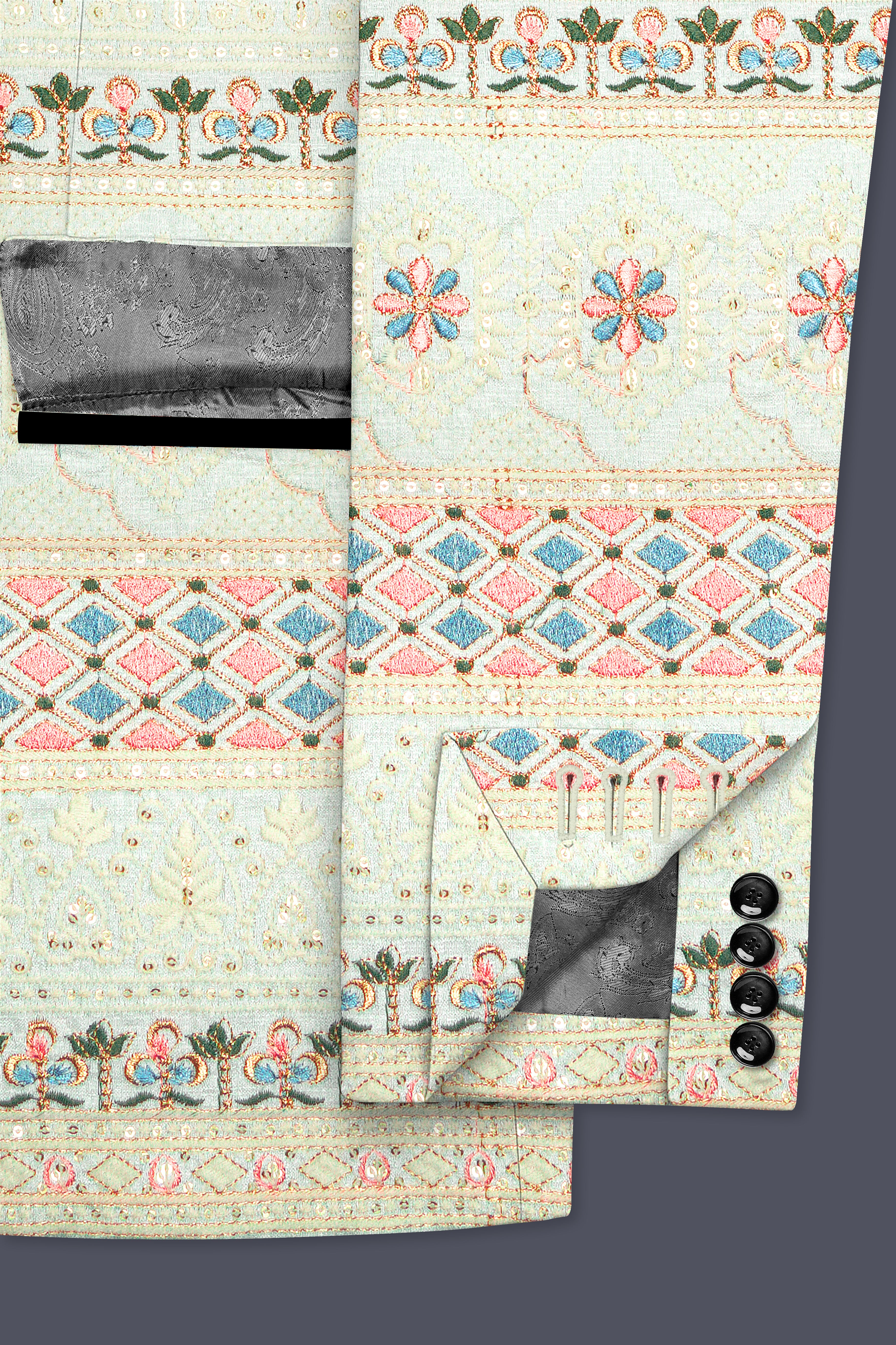 Auressa-merino Cream And Finch Green Multicolour Thread and Sequin Embroidered Designer Tuxedo Blazer