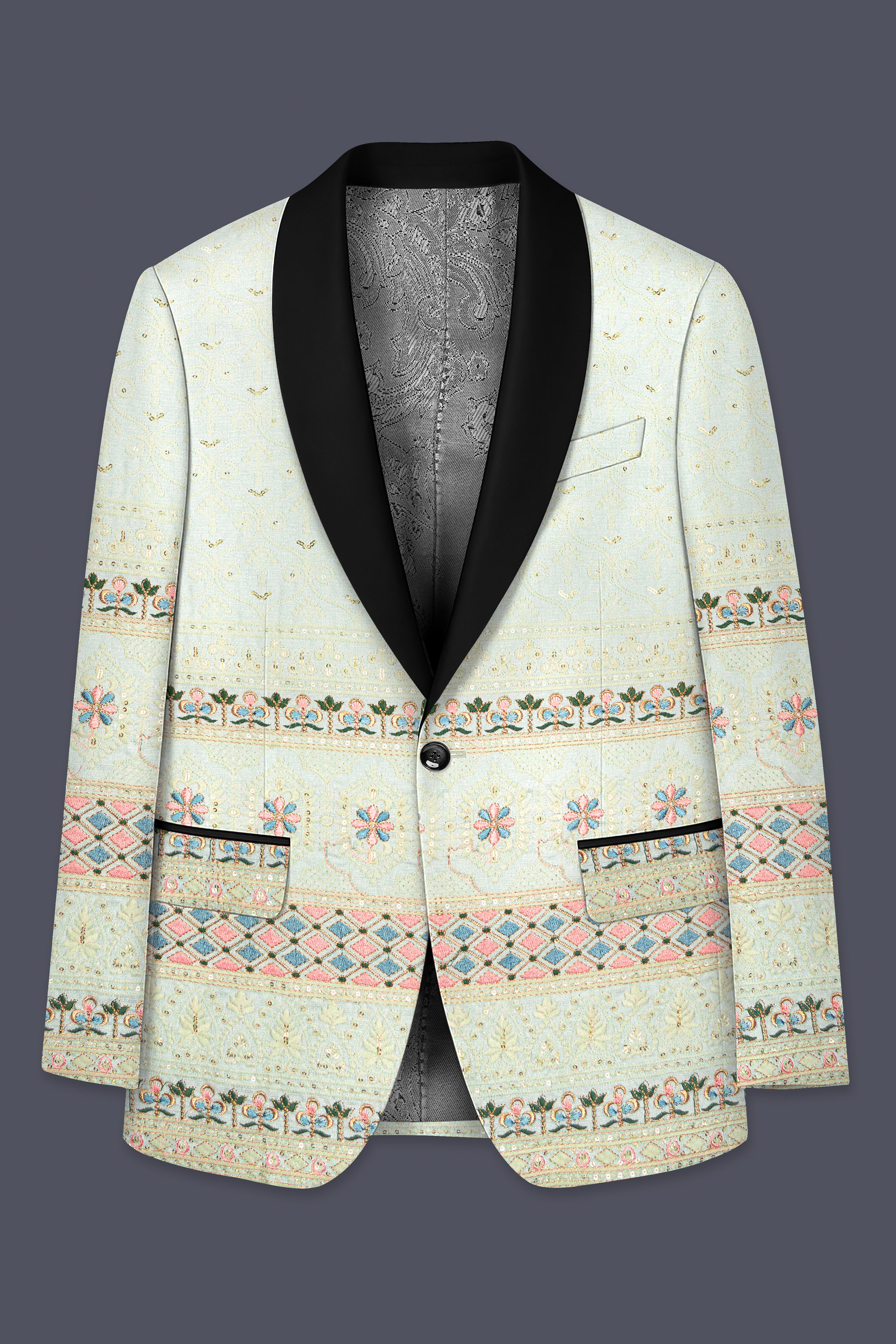 Auressa-merino Cream And Finch Green Multicolour Thread and Sequin Embroidered Designer Tuxedo Blazer