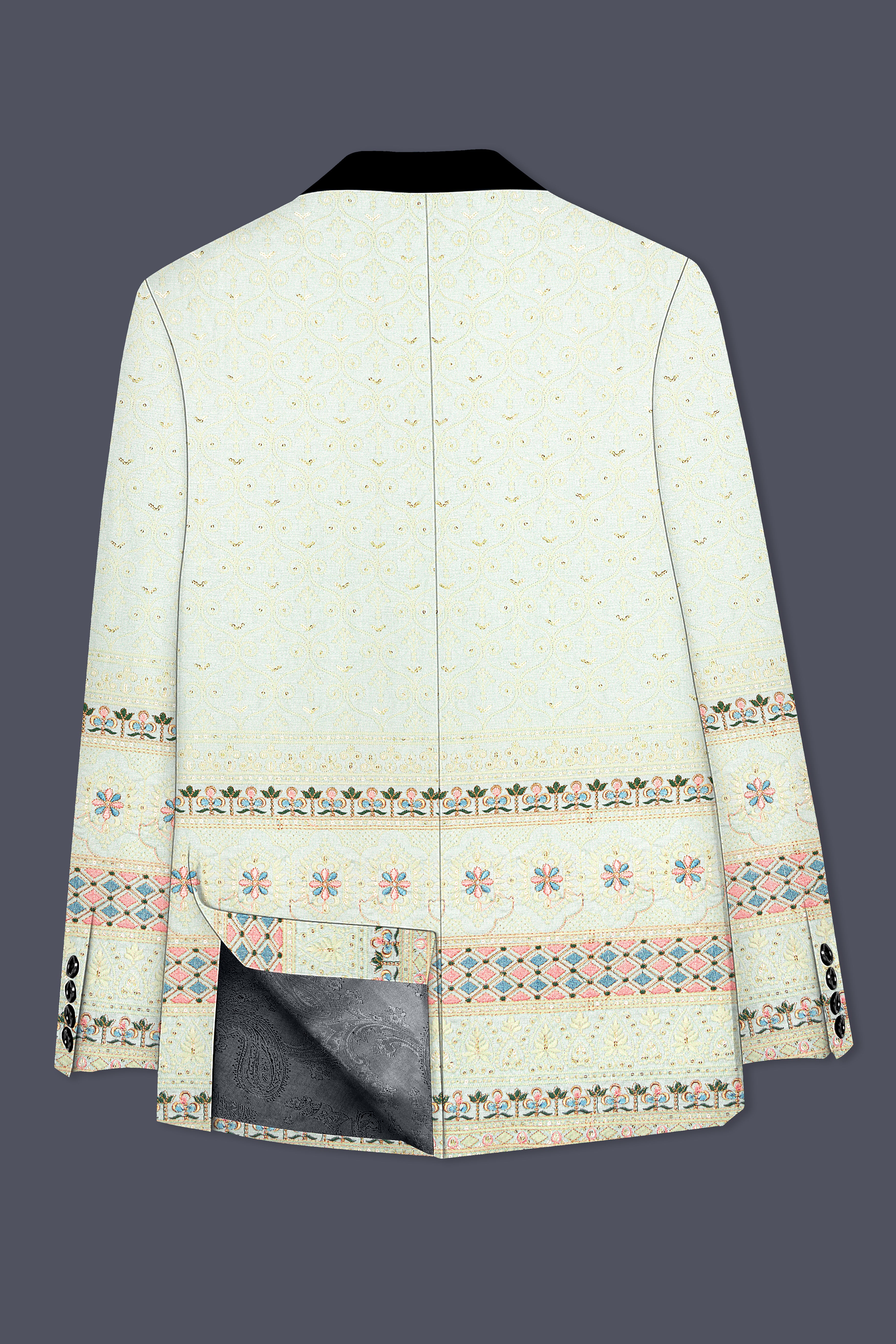 Auressa-merino Cream And Finch Green Multicolour Thread and Sequin Embroidered Designer Tuxedo Blazer